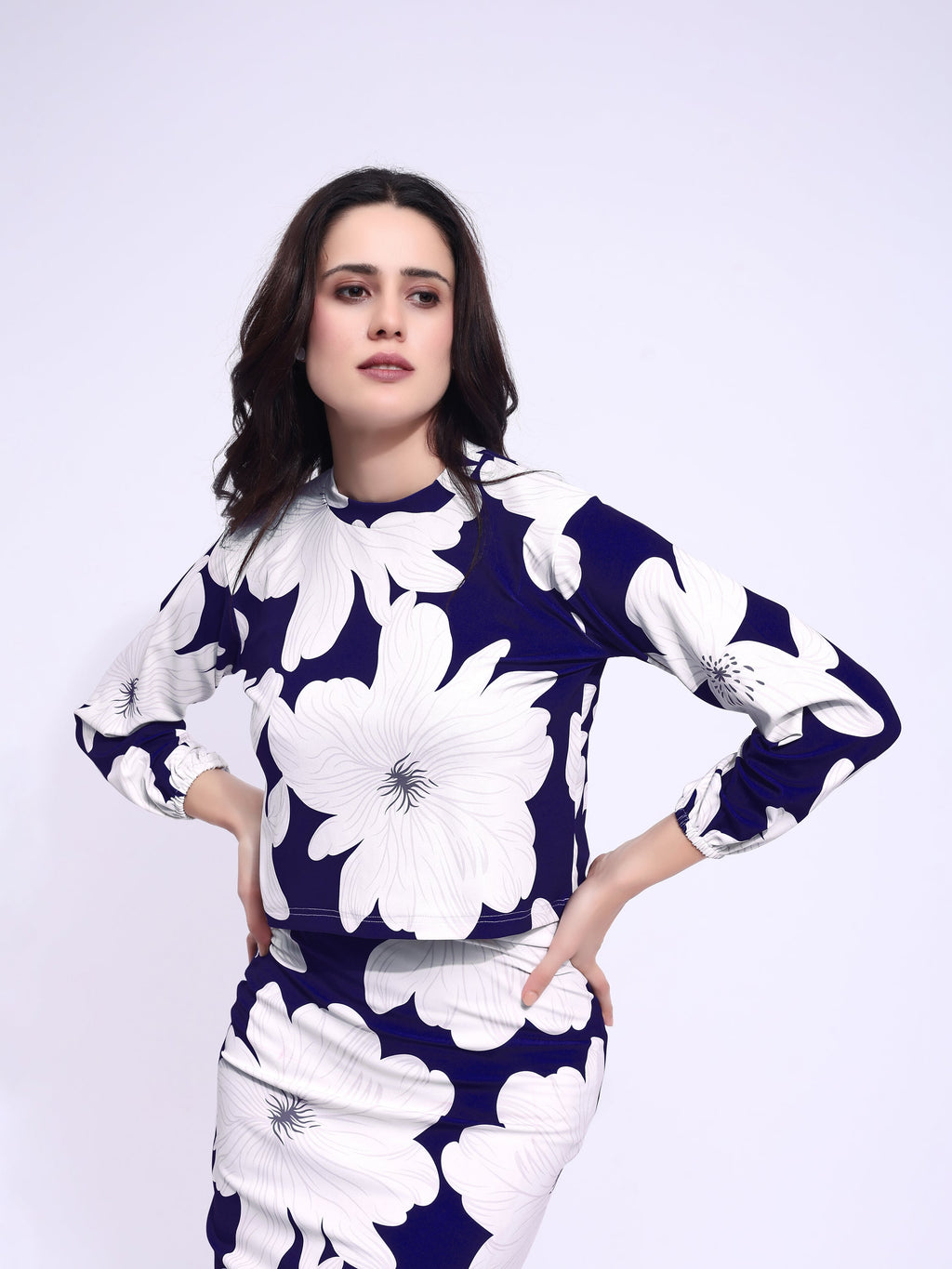 Women's Printed Round Neck Navy Blue Co-Ords