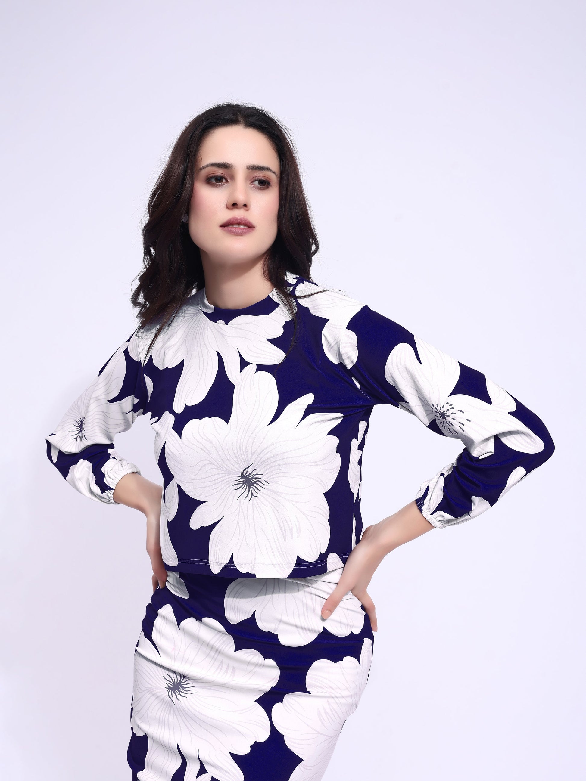 Women's Printed Round Neck Navy Blue Co-Ords