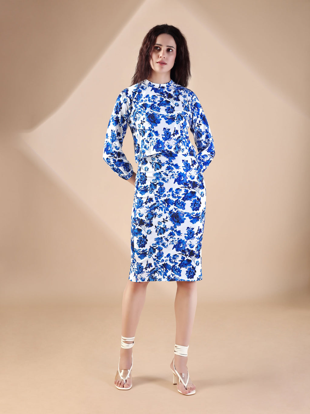 Women's Printed Round Neck Light Blue Co-Ords