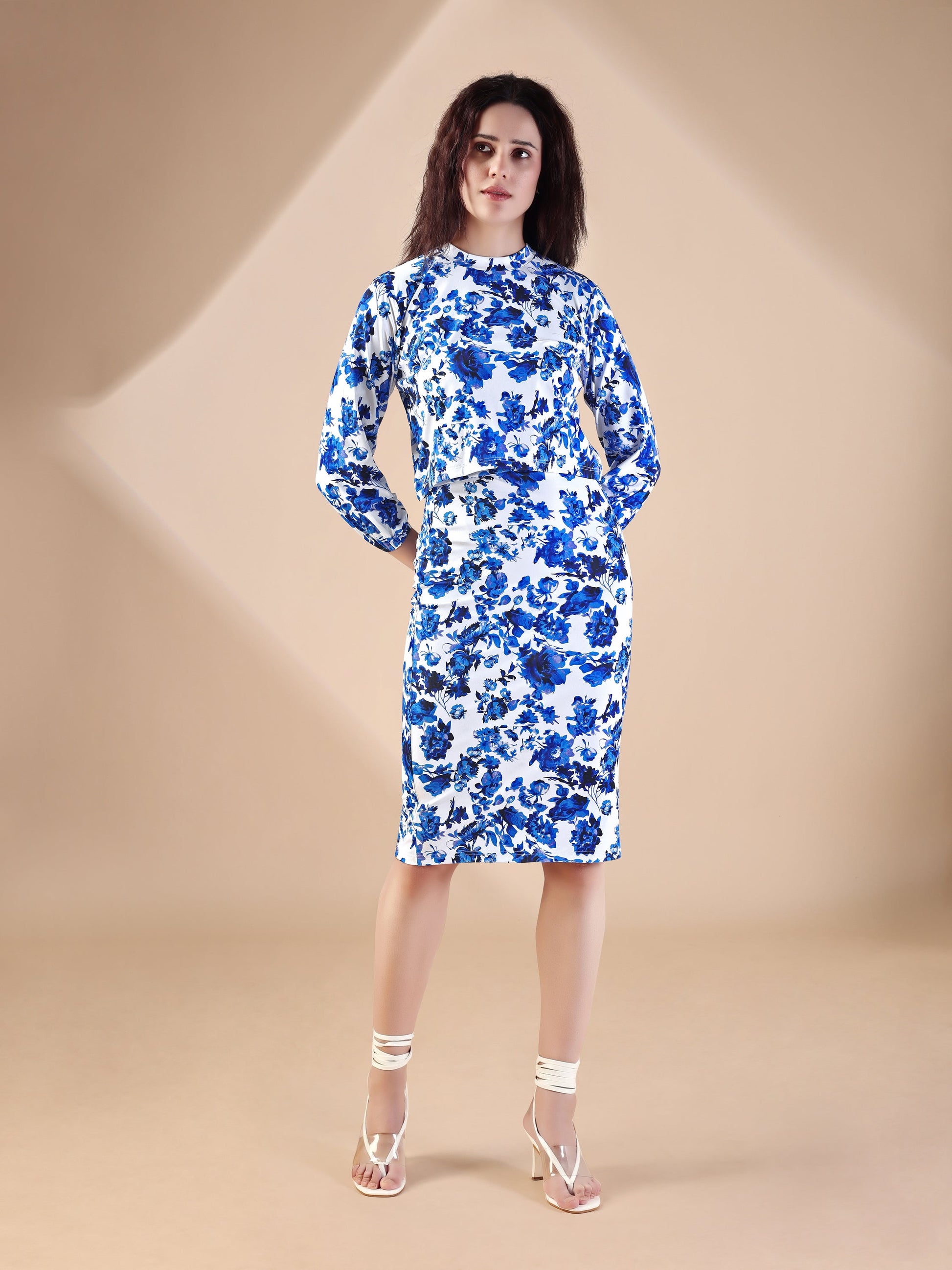 Women's Printed Round Neck Light Blue Co-Ords