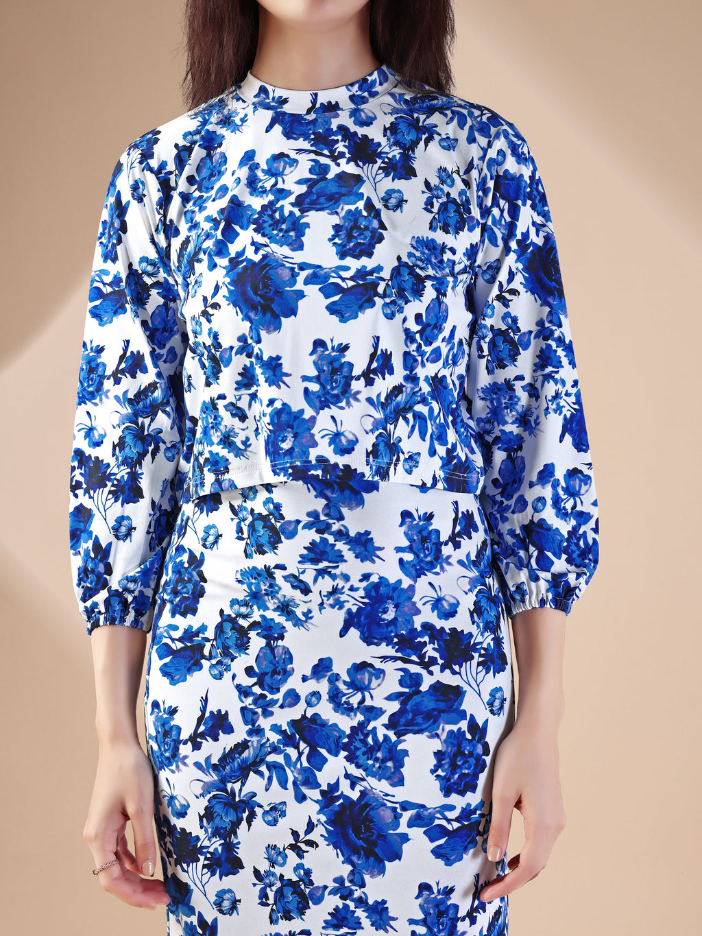 Women's Printed Round Neck Light Blue Co-Ords