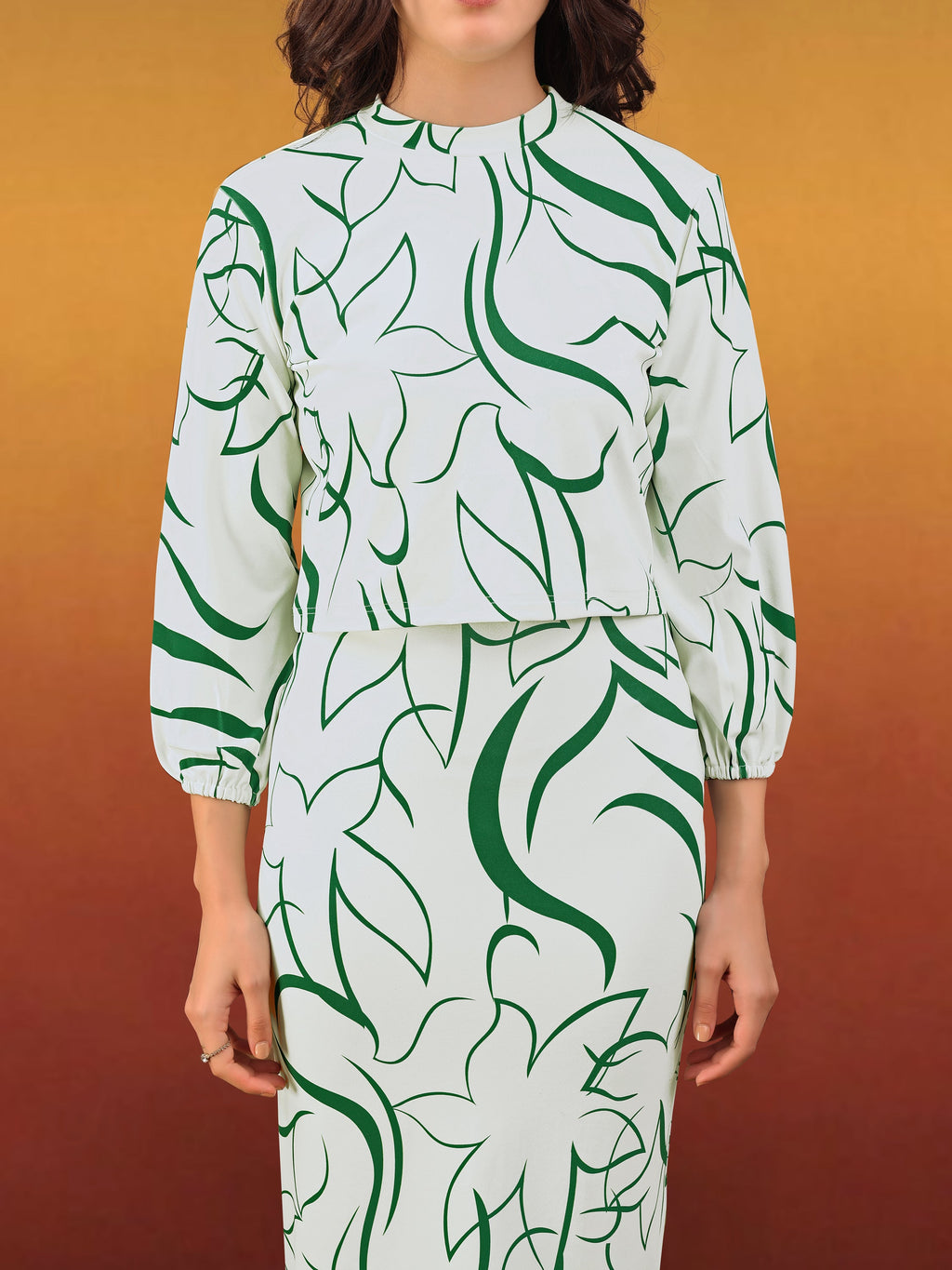 Women's Printed Round Neck Green Co-Ords