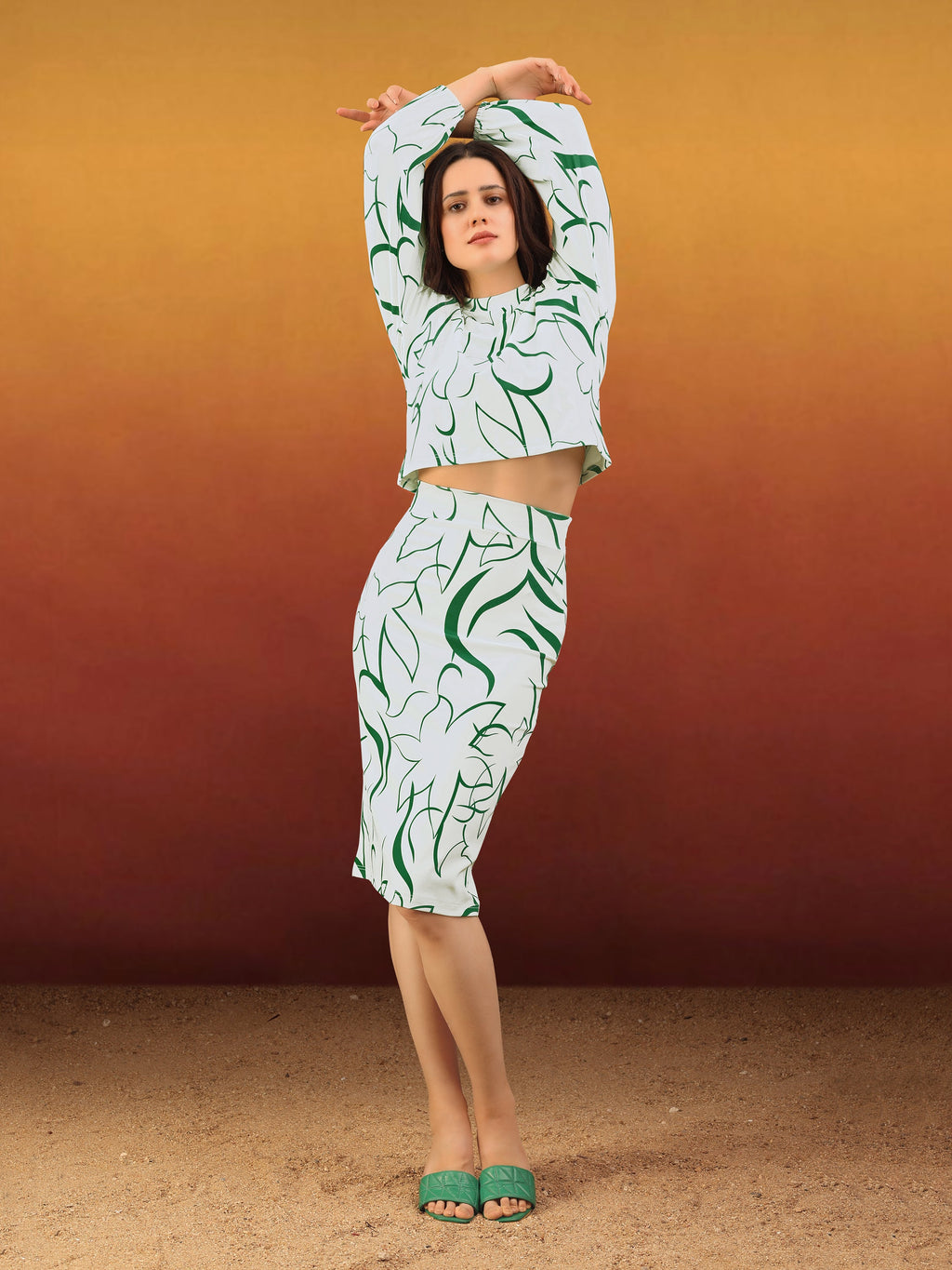 Women's Printed Round Neck Green Co-Ords