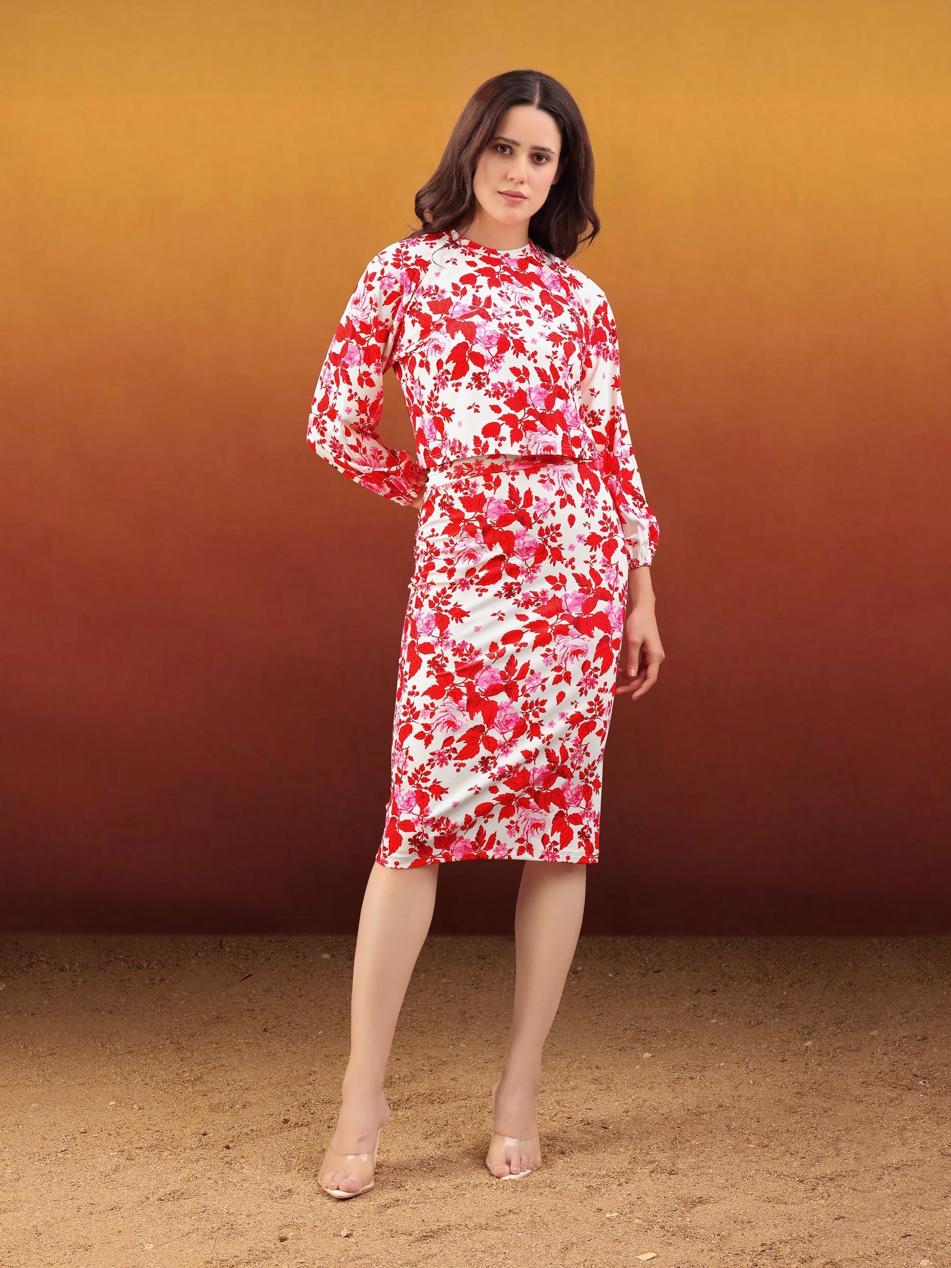 Women's Printed Round Neck Red Co-Ords