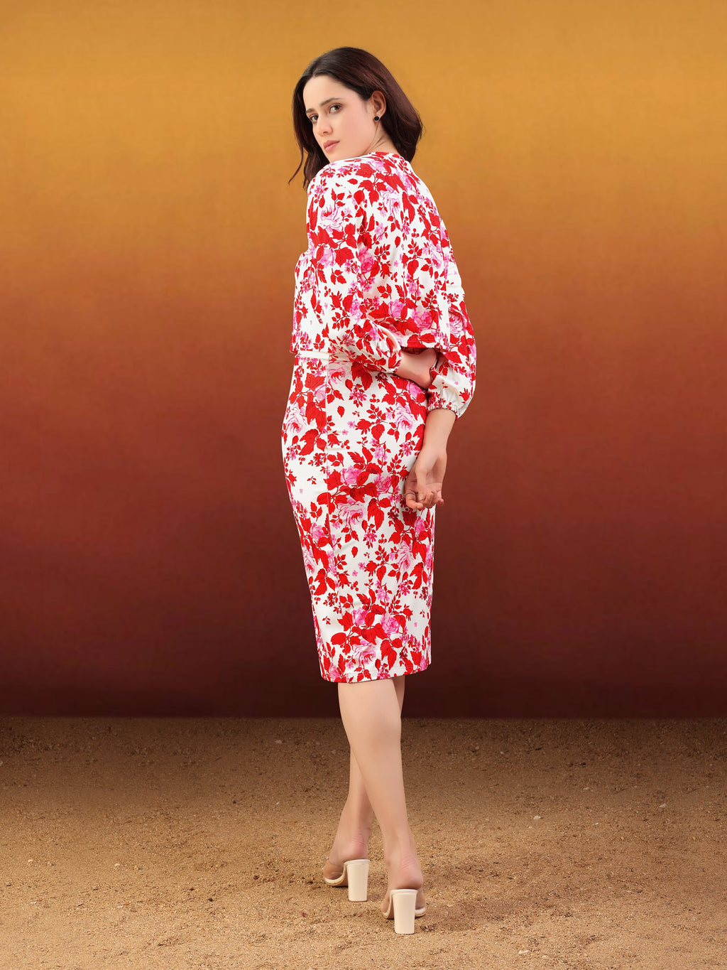 Women's Printed Round Neck Red Co-Ords