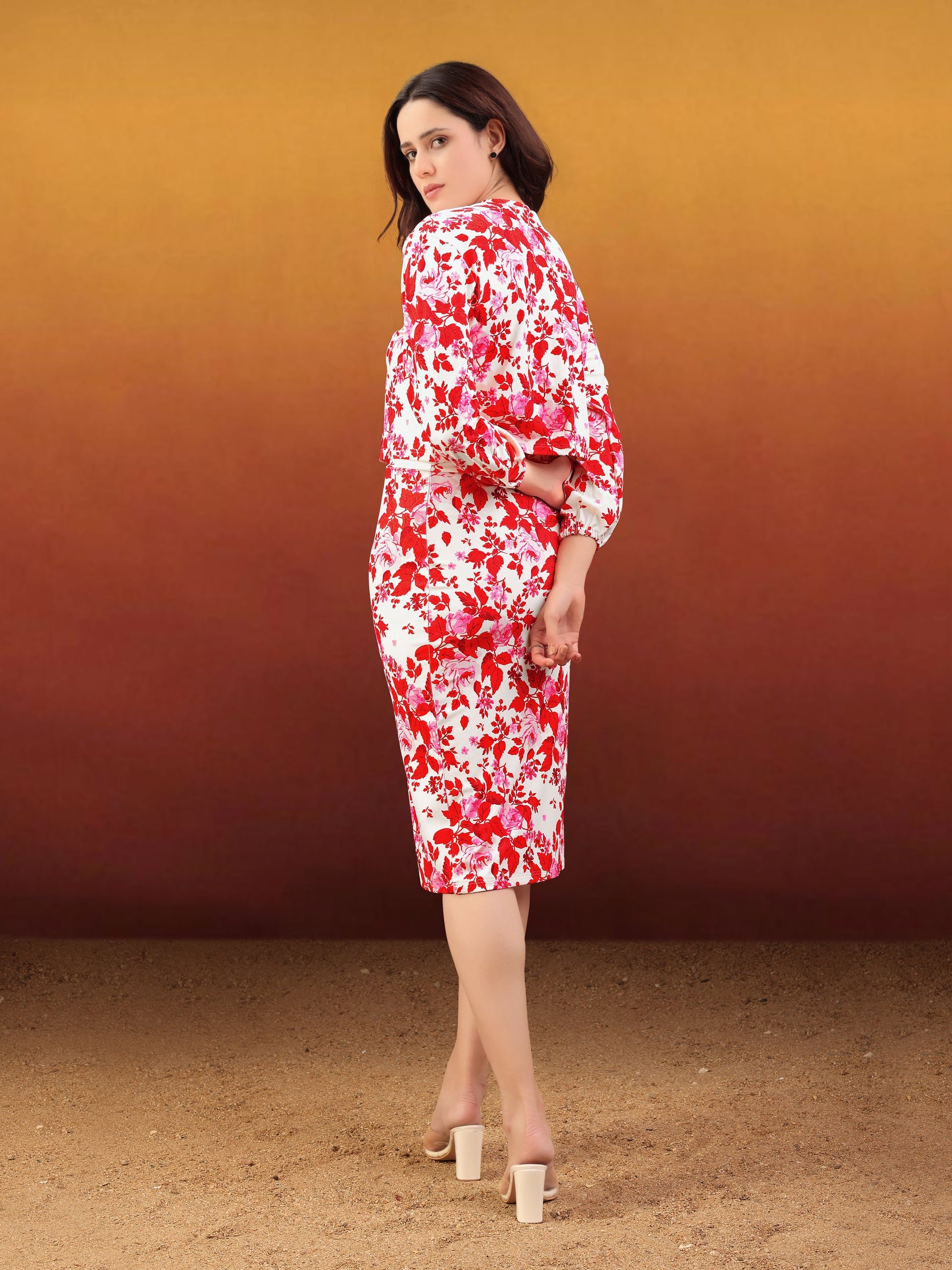 Women's Printed Round Neck Red Co-Ords