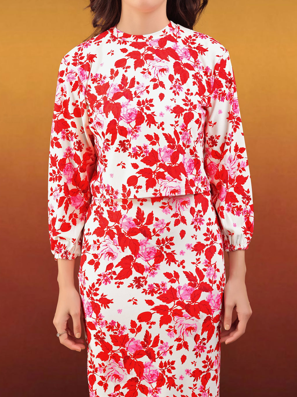 Women's Printed Round Neck Red Co-Ords