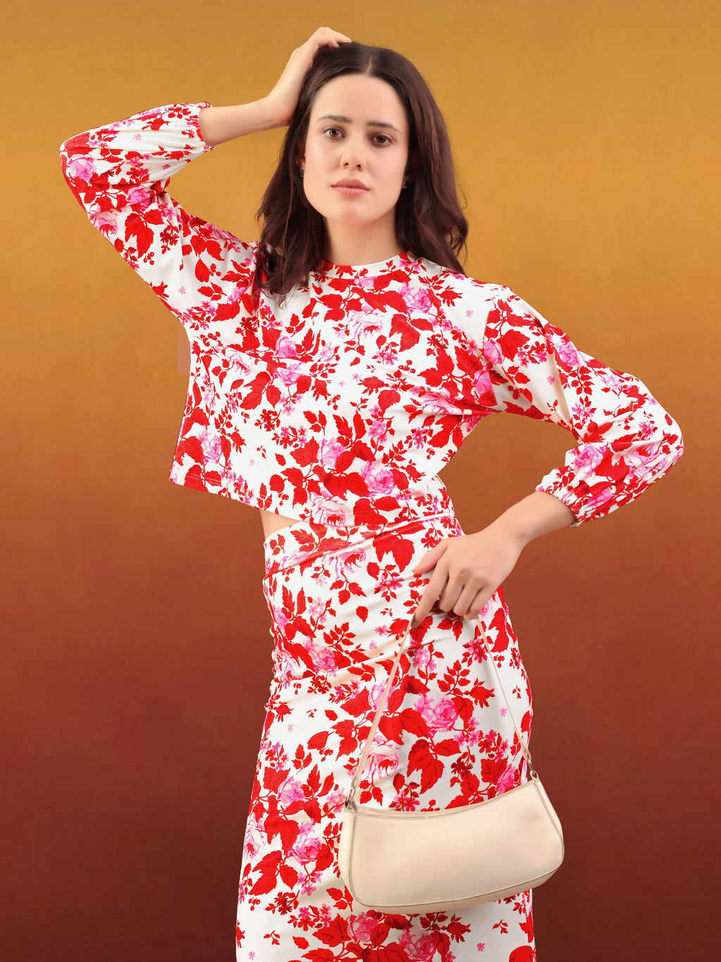 Women's Printed Round Neck Red Co-Ords