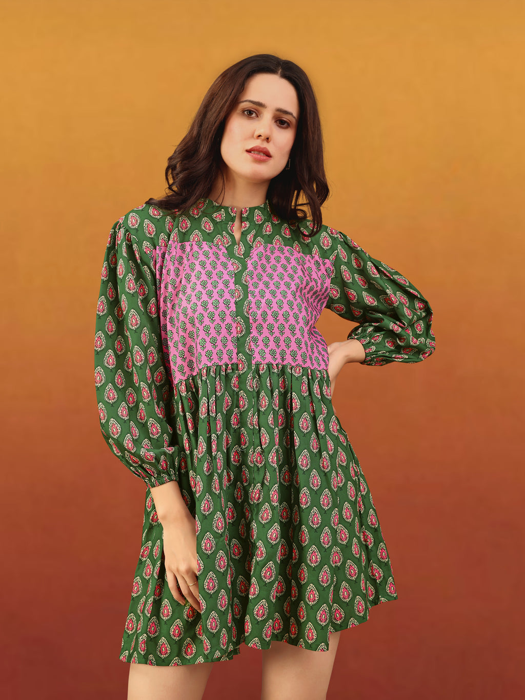 Women's Printed Fit and Flare Stand Collar light Green Dress