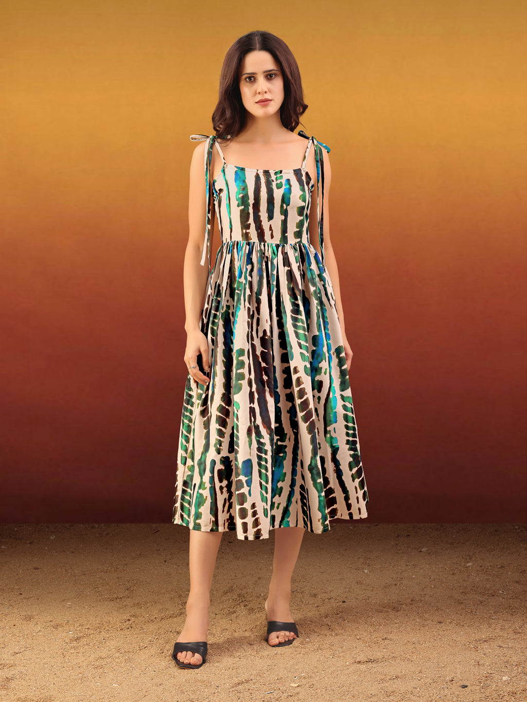 Women's Printed Fit and Flare Square Sleeveless Beige Dress