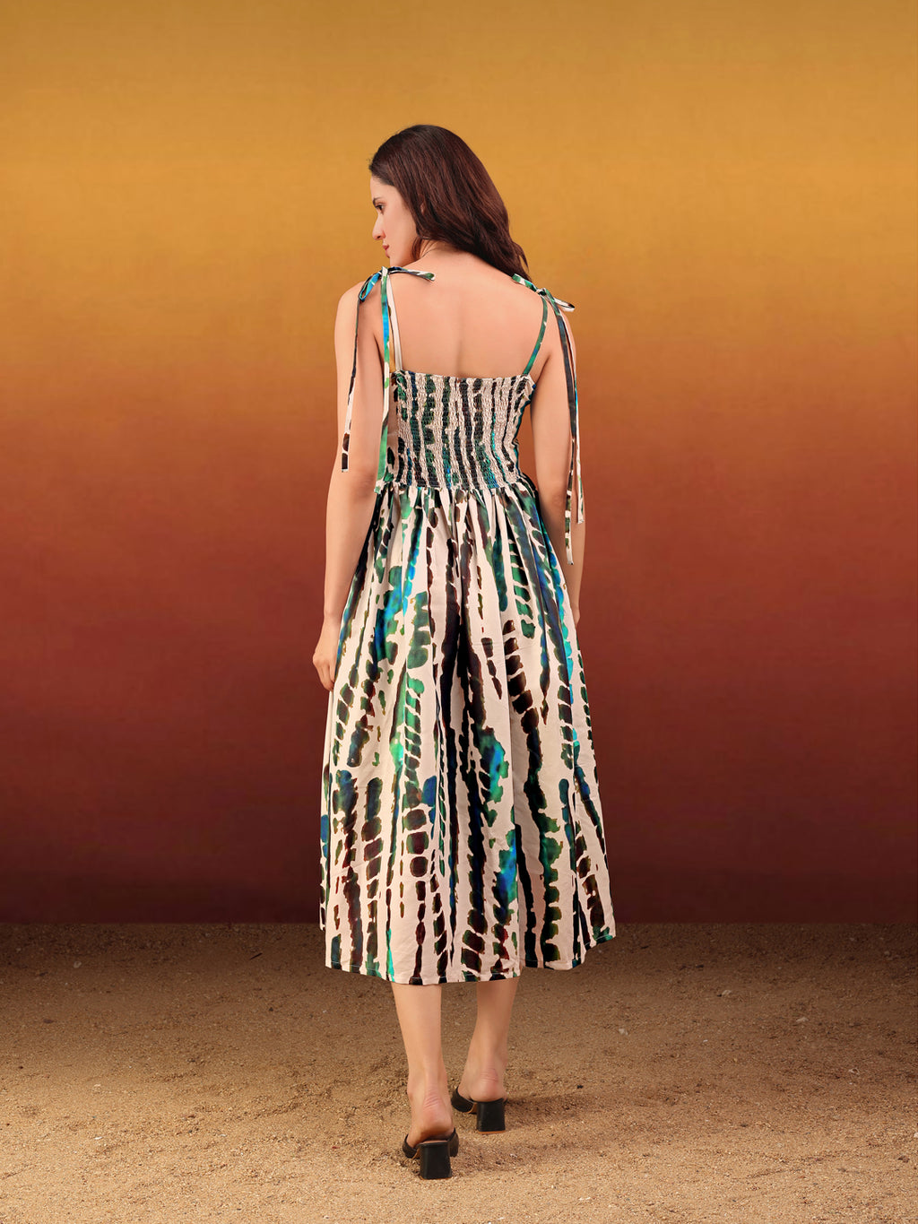 Women's Printed Fit and Flare Square Sleeveless Beige Dress