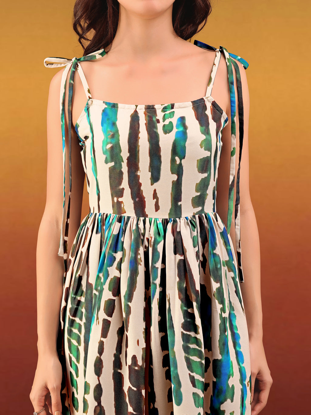 Women's Printed Fit and Flare Square Sleeveless Beige Dress