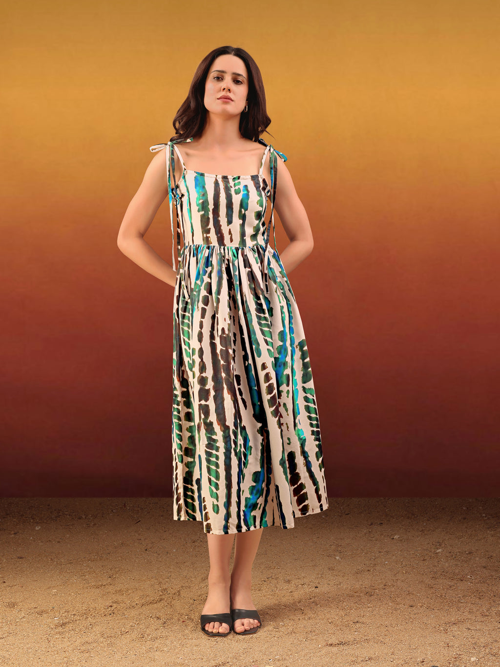 Women's Printed Fit and Flare Square Sleeveless Beige Dress