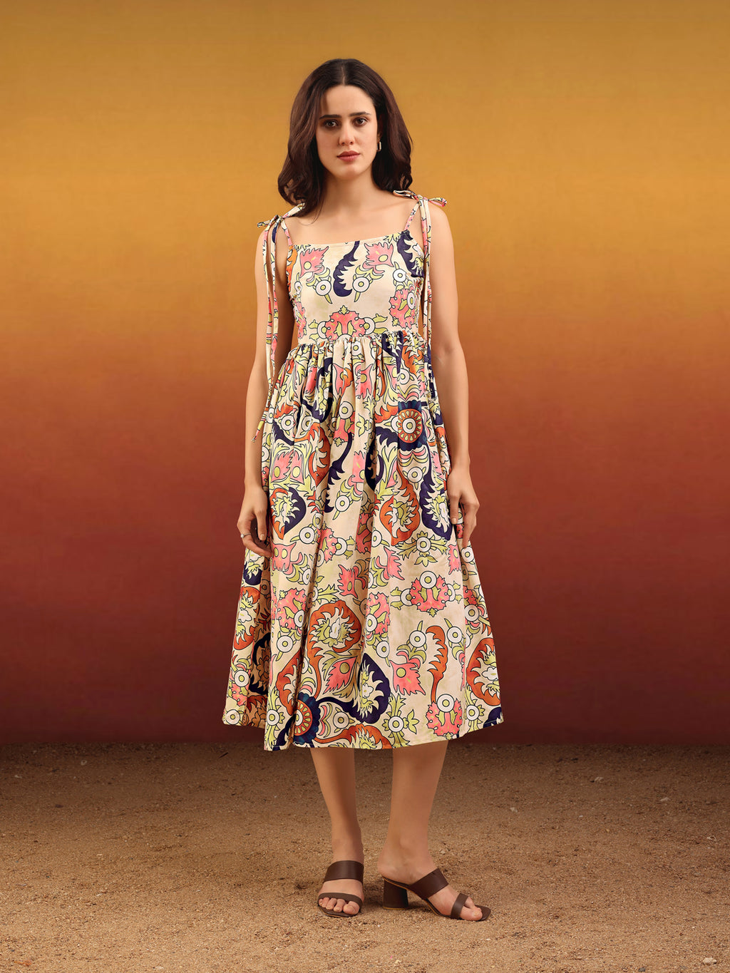 Women's Printed Fit and Flare Square Sleeveless Multi Dress