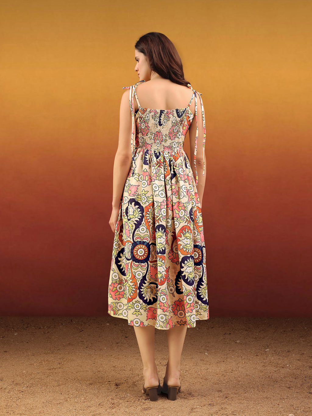 Women's Printed Fit and Flare Square Sleeveless Multi Dress