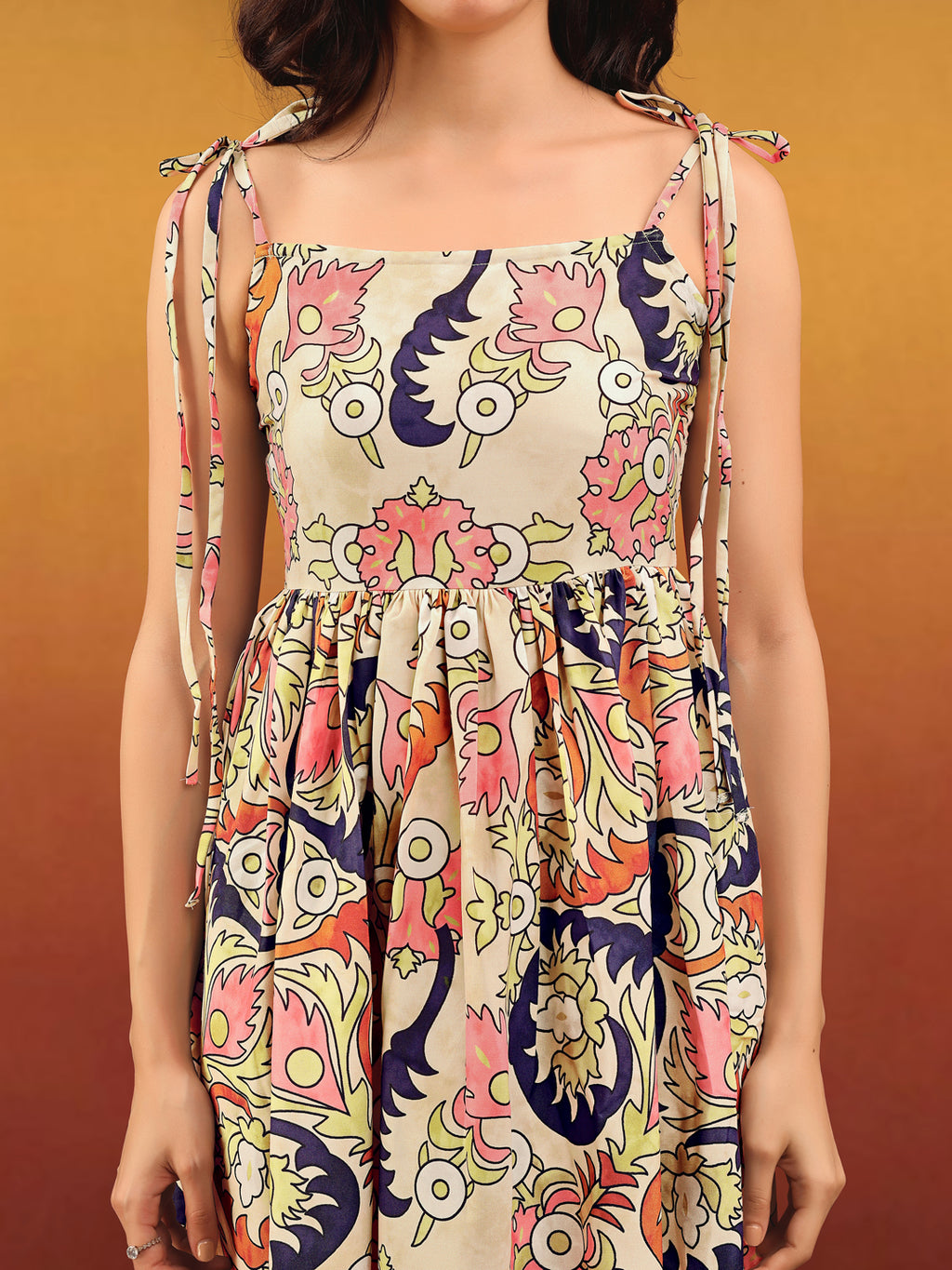 Women's Printed Fit and Flare Square Sleeveless Multi Dress