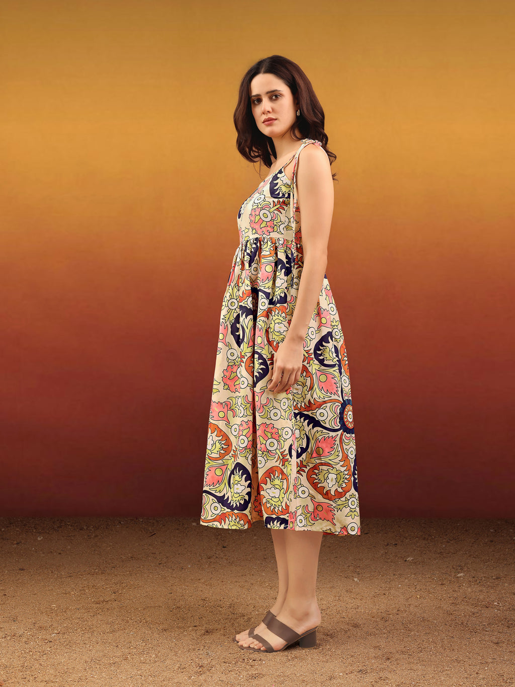 Women's Printed Fit and Flare Square Sleeveless Multi Dress
