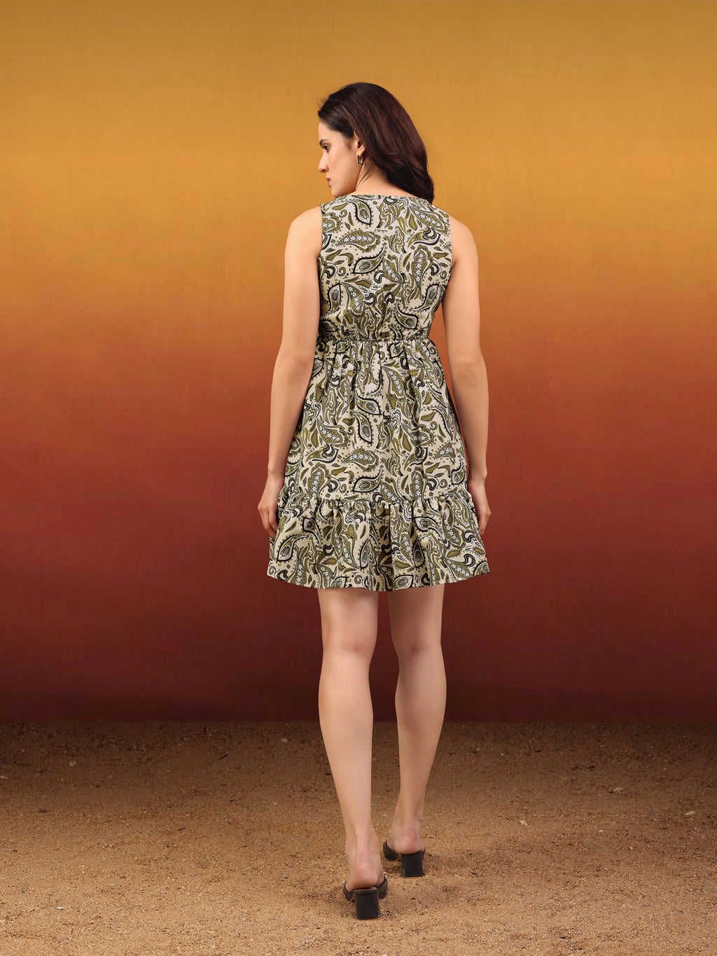 Women's Printed Ruffled Sleeveless V-neck Mini Olive Dress