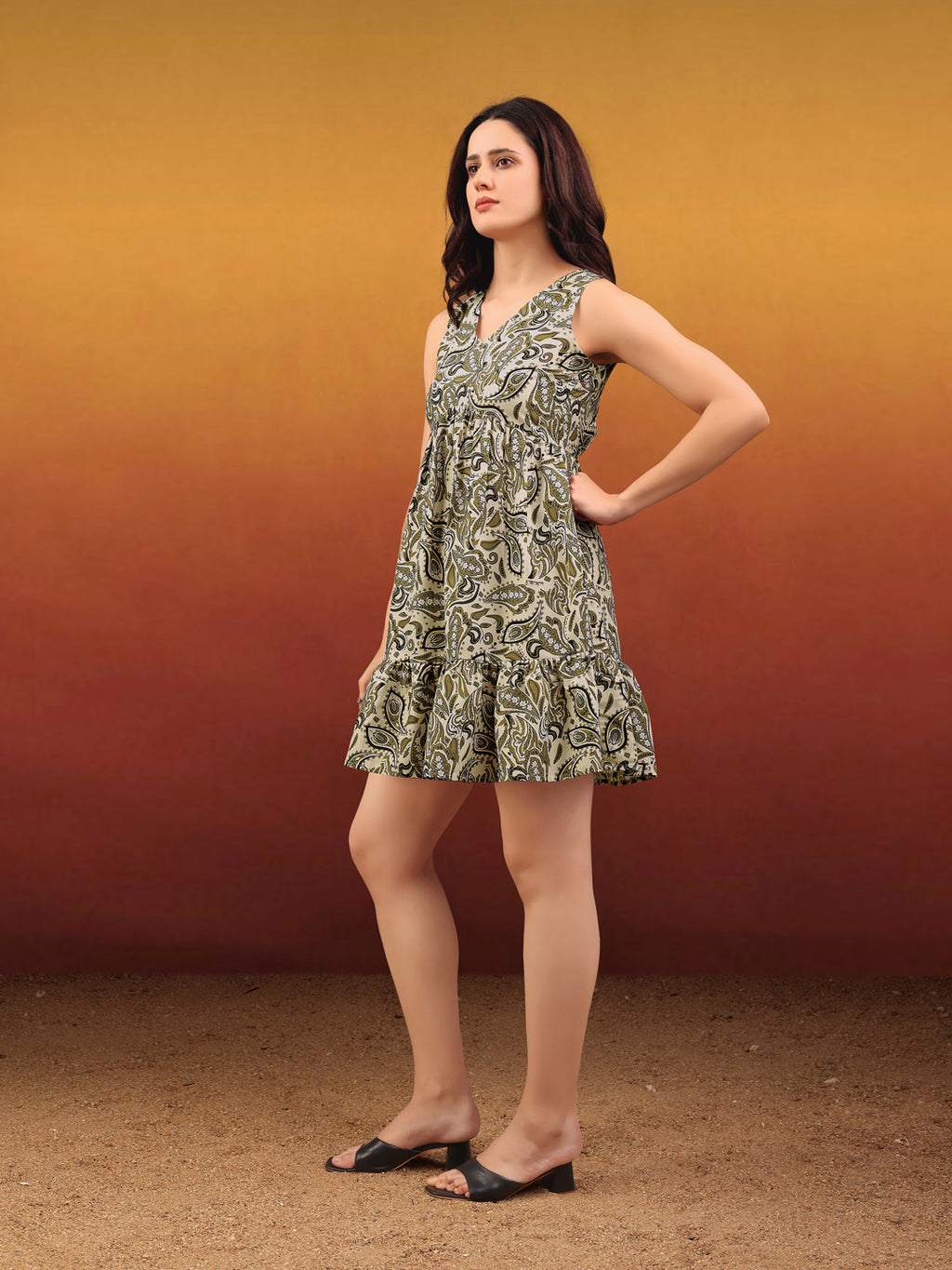 Women's Printed Ruffled Sleeveless V-neck Mini Olive Dress