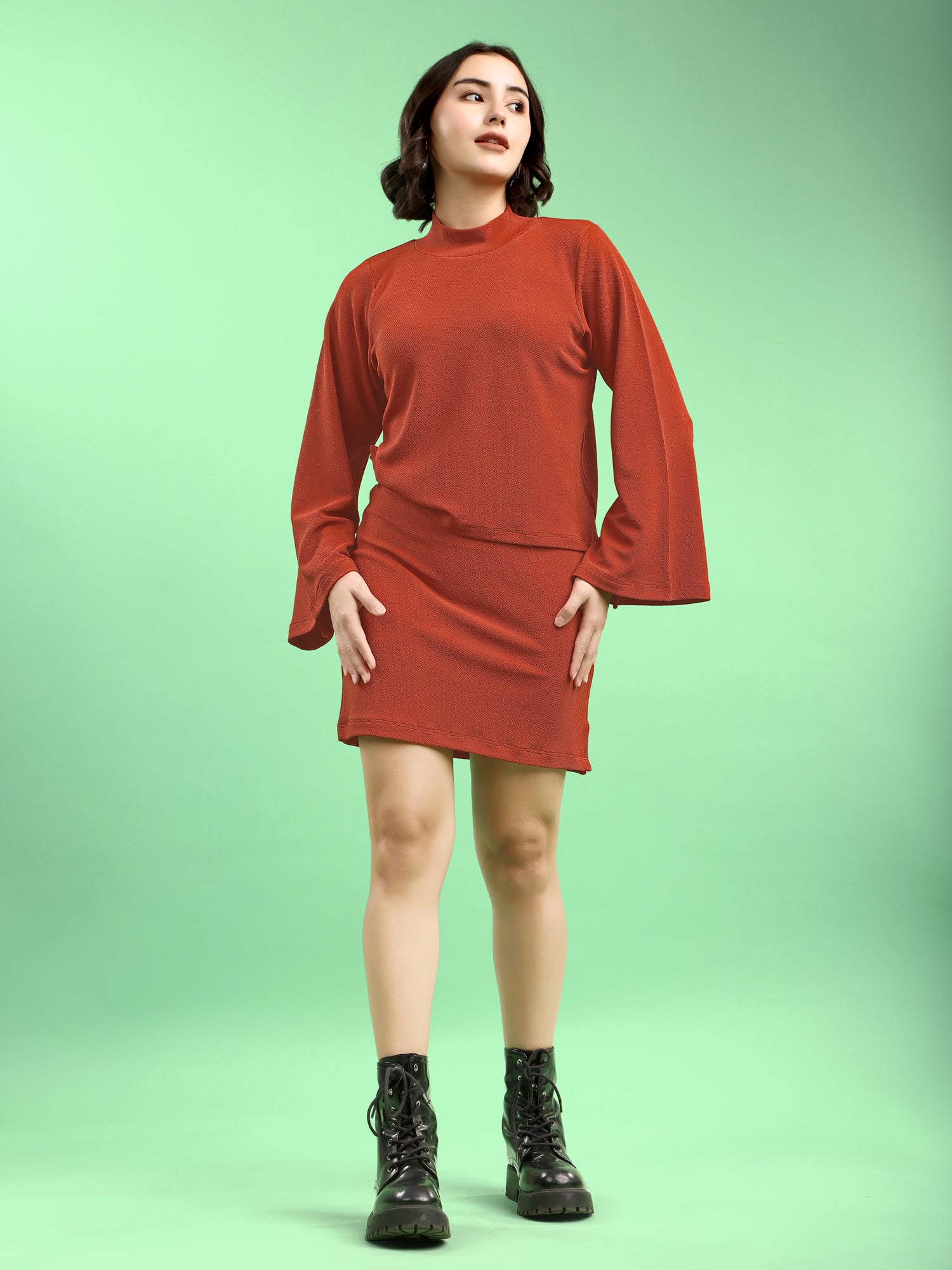 Solid Bell Sleeve Lycra Blend Co-Ords