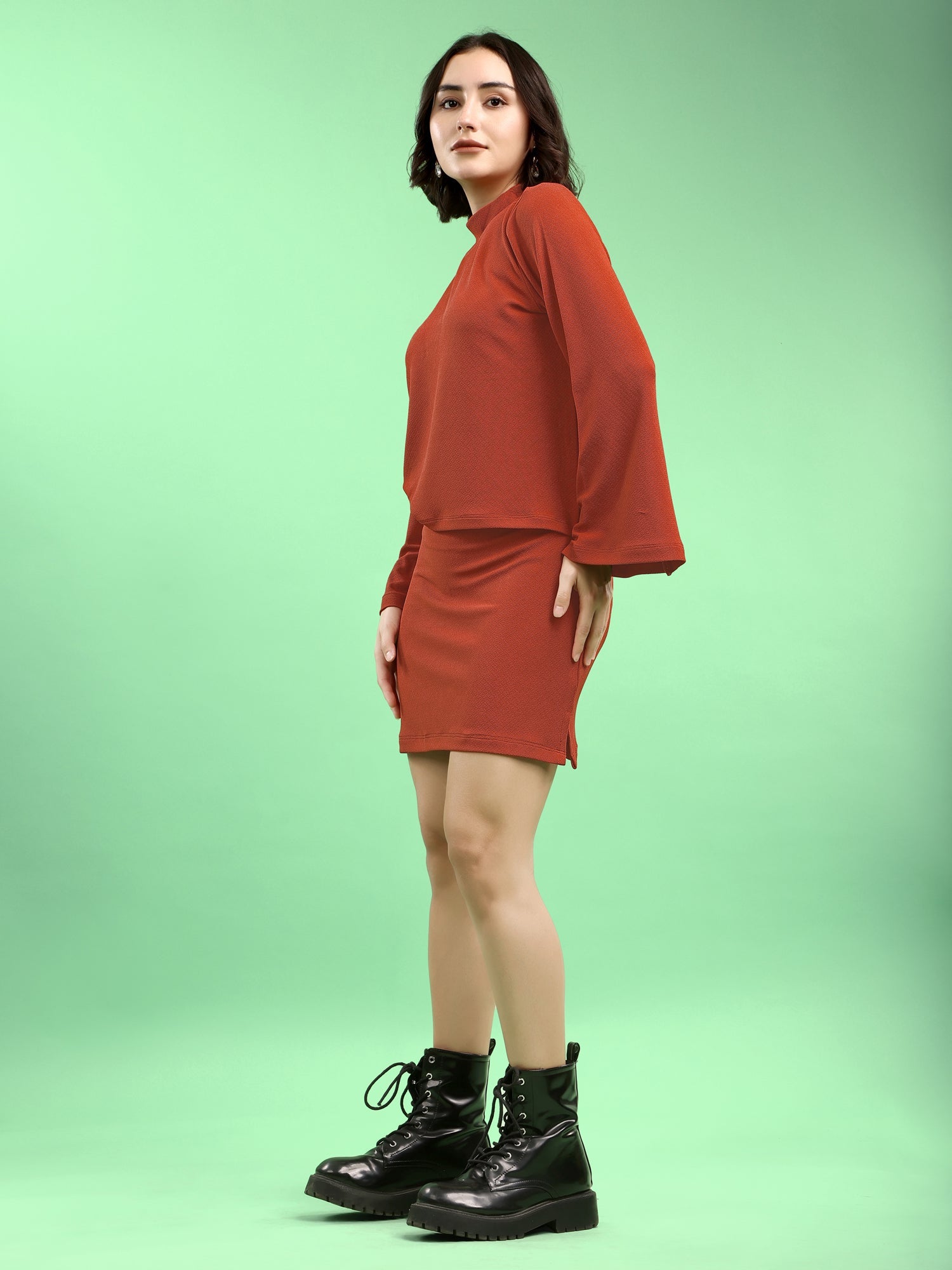 Solid Bell Sleeve Lycra Blend Co-Ords