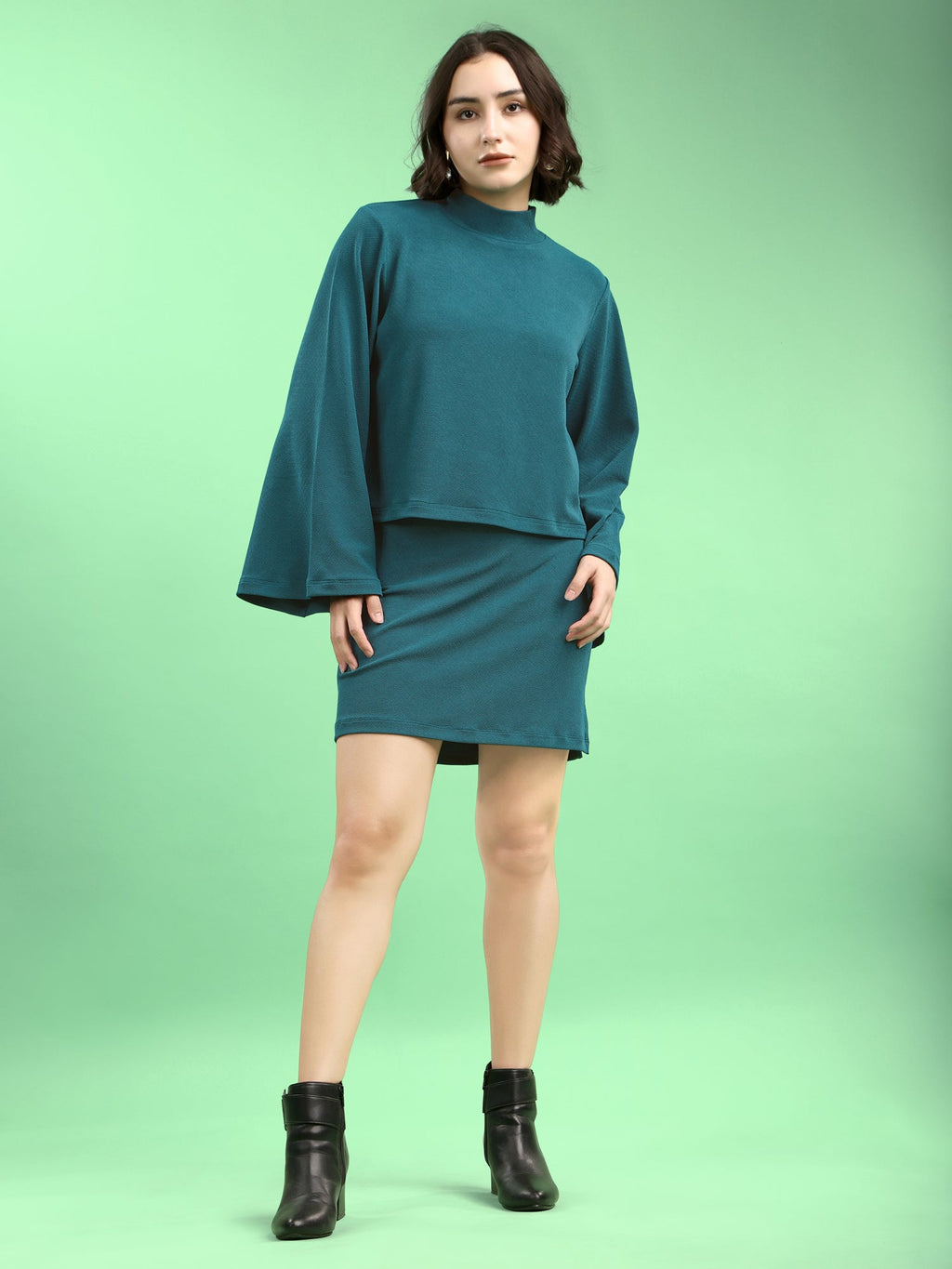 Solid Bell Sleeve Lycra Blend Co-Ords