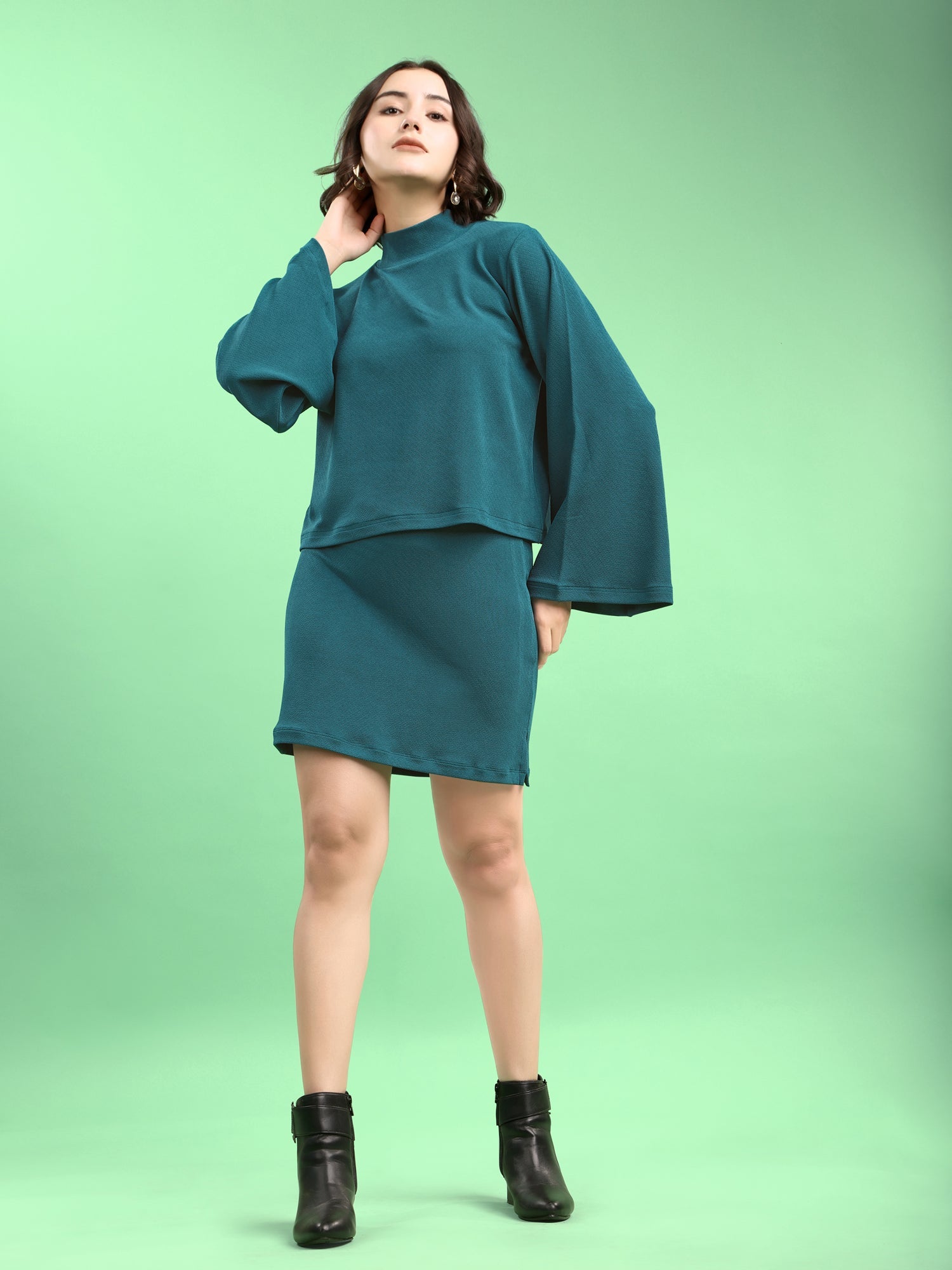 Solid Bell Sleeve Lycra Blend Co-Ords