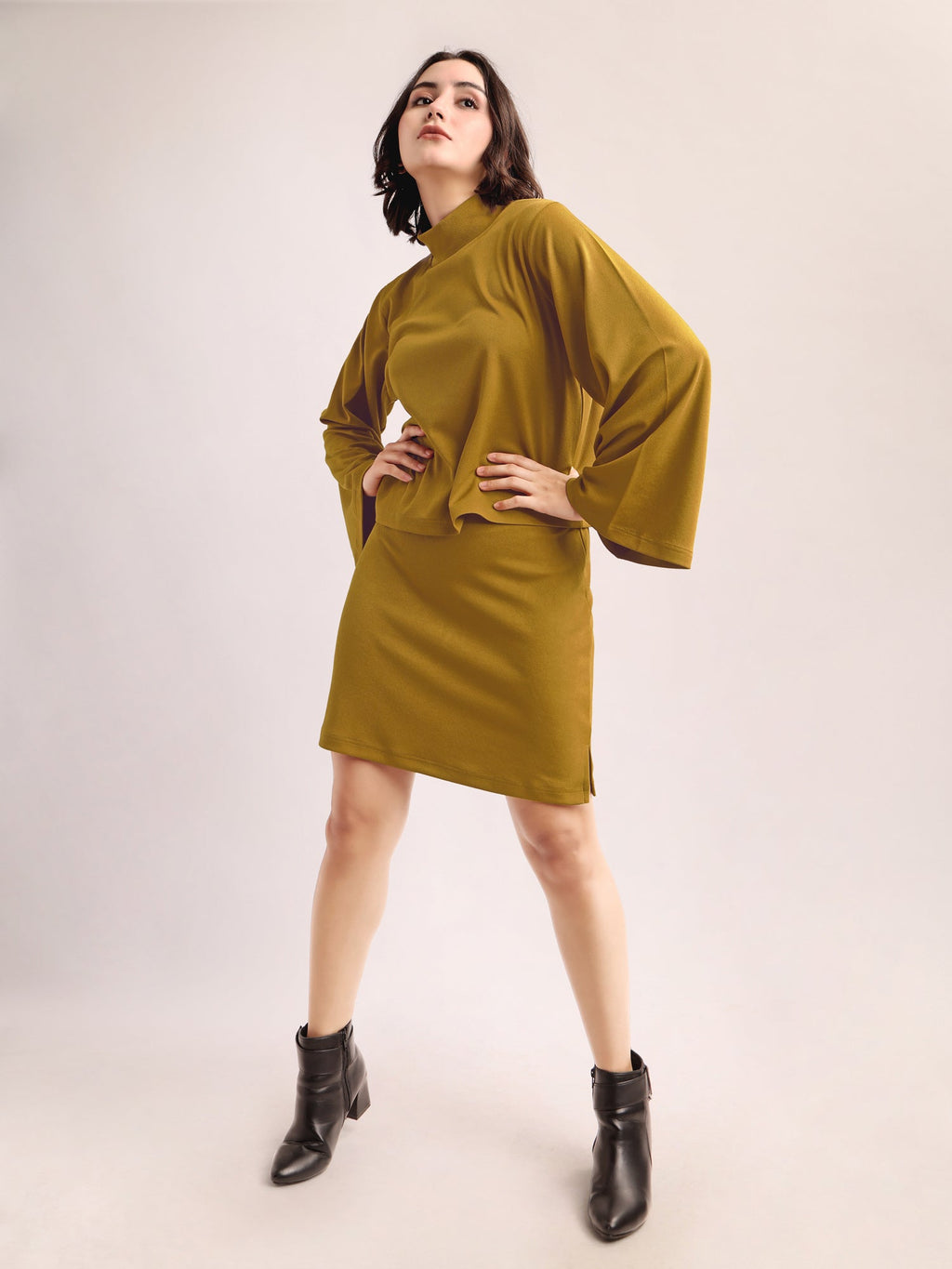 Solid Bell Sleeve Lycra Blend Co-Ords