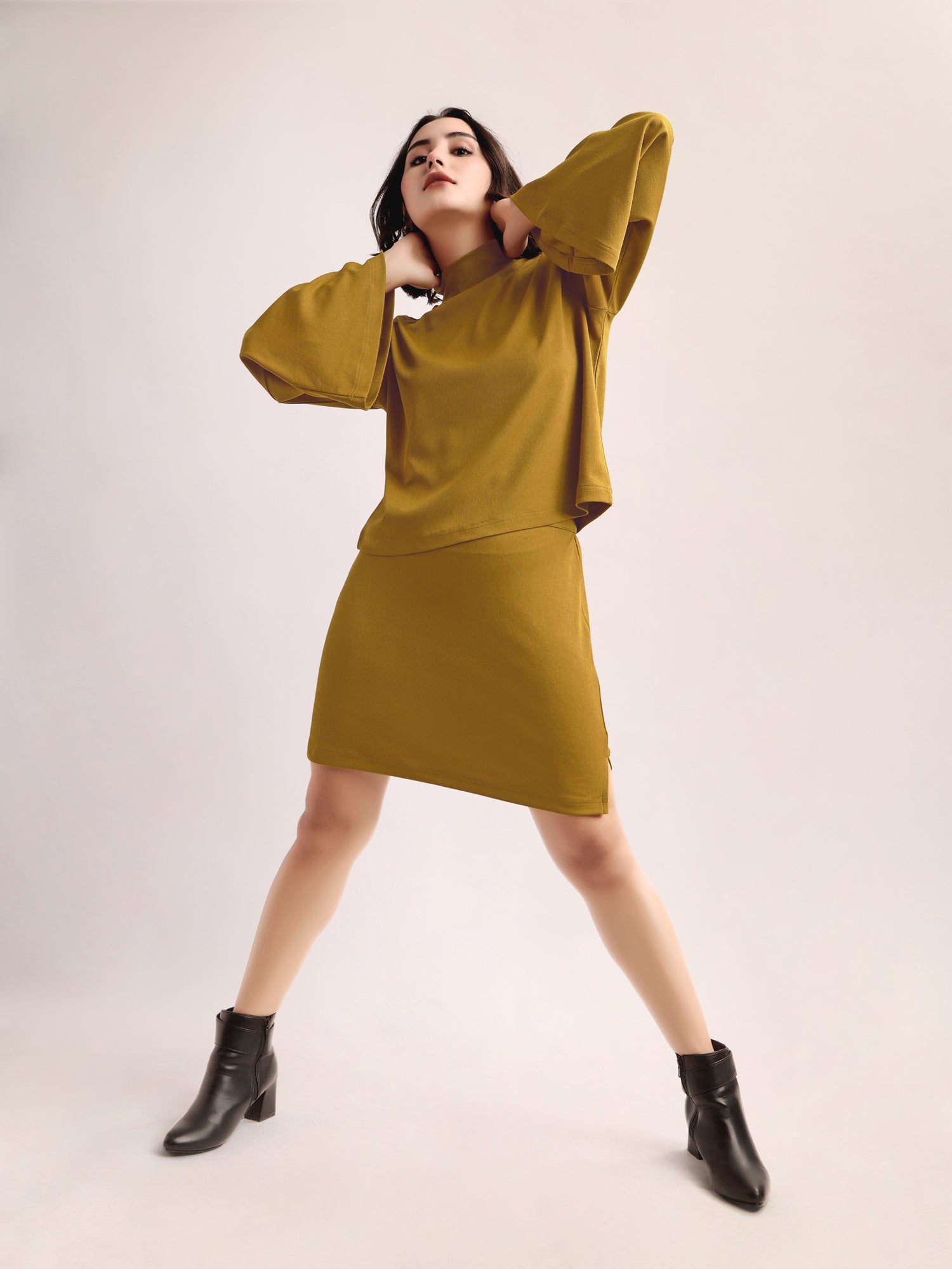 Solid Bell Sleeve Lycra Blend Co-Ords