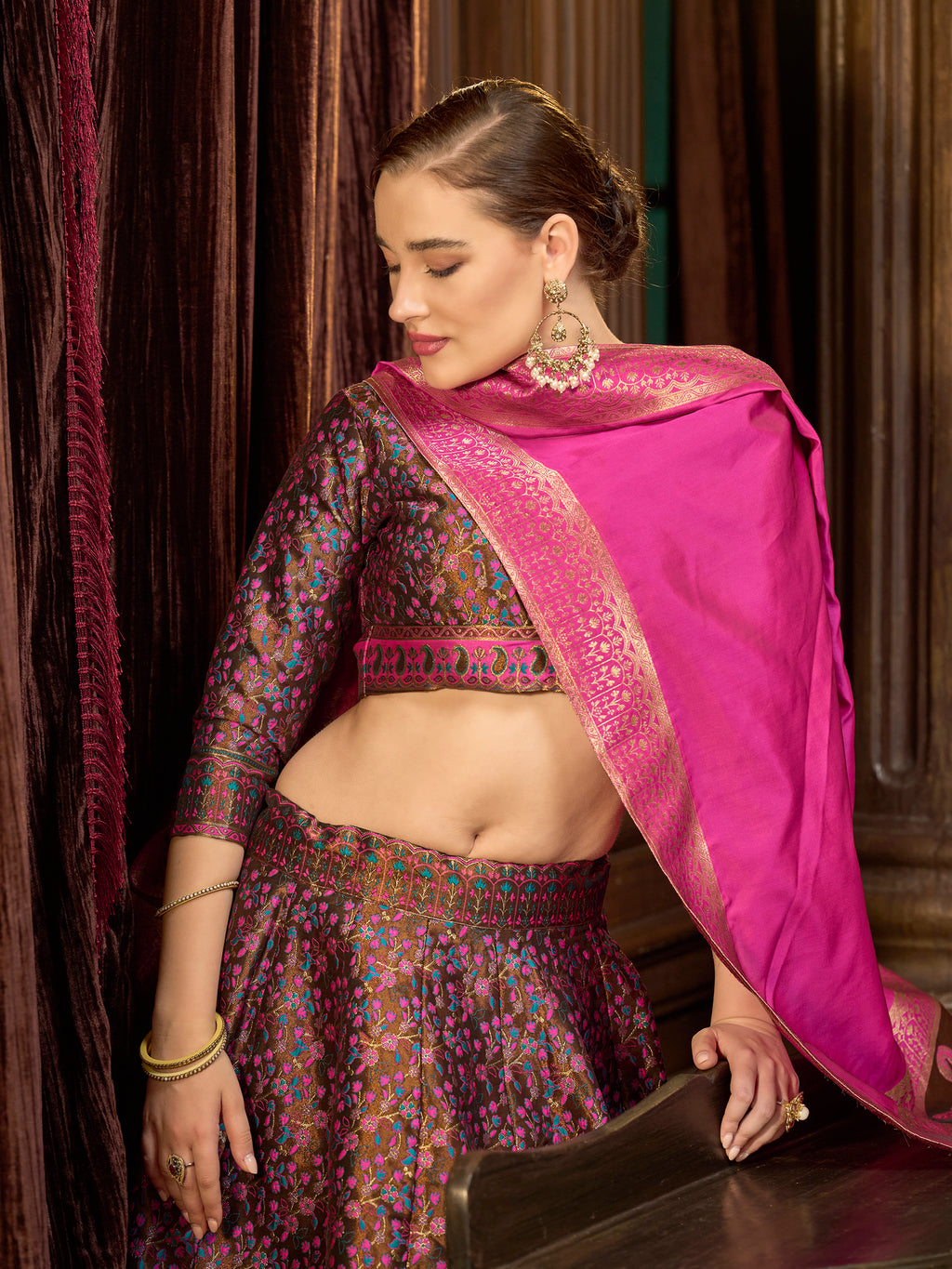 Women's Brown Kanjiwaram Lehengas