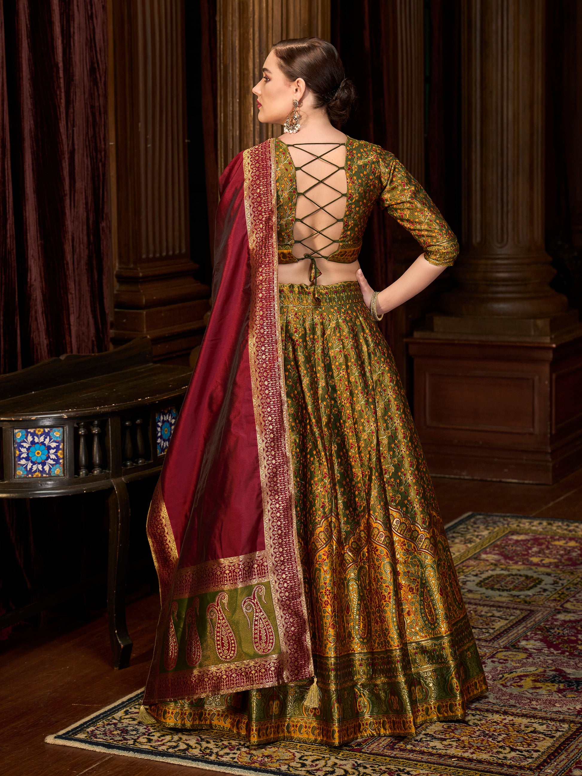 Women's Olive Kanjiwaram Lehengas