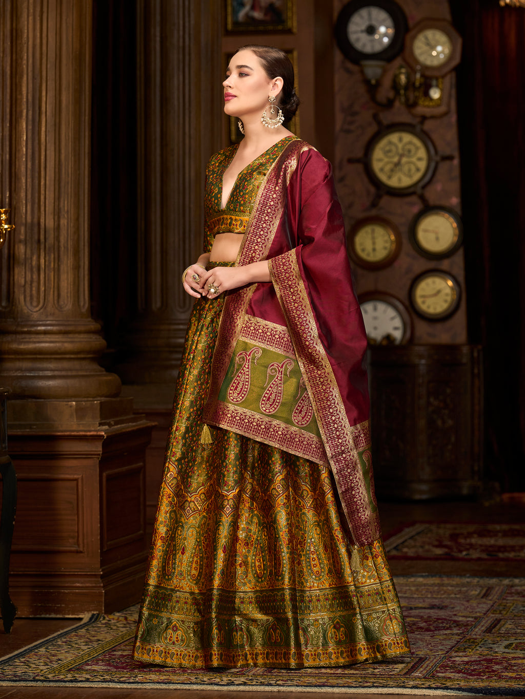 Women's Olive Kanjiwaram Lehengas