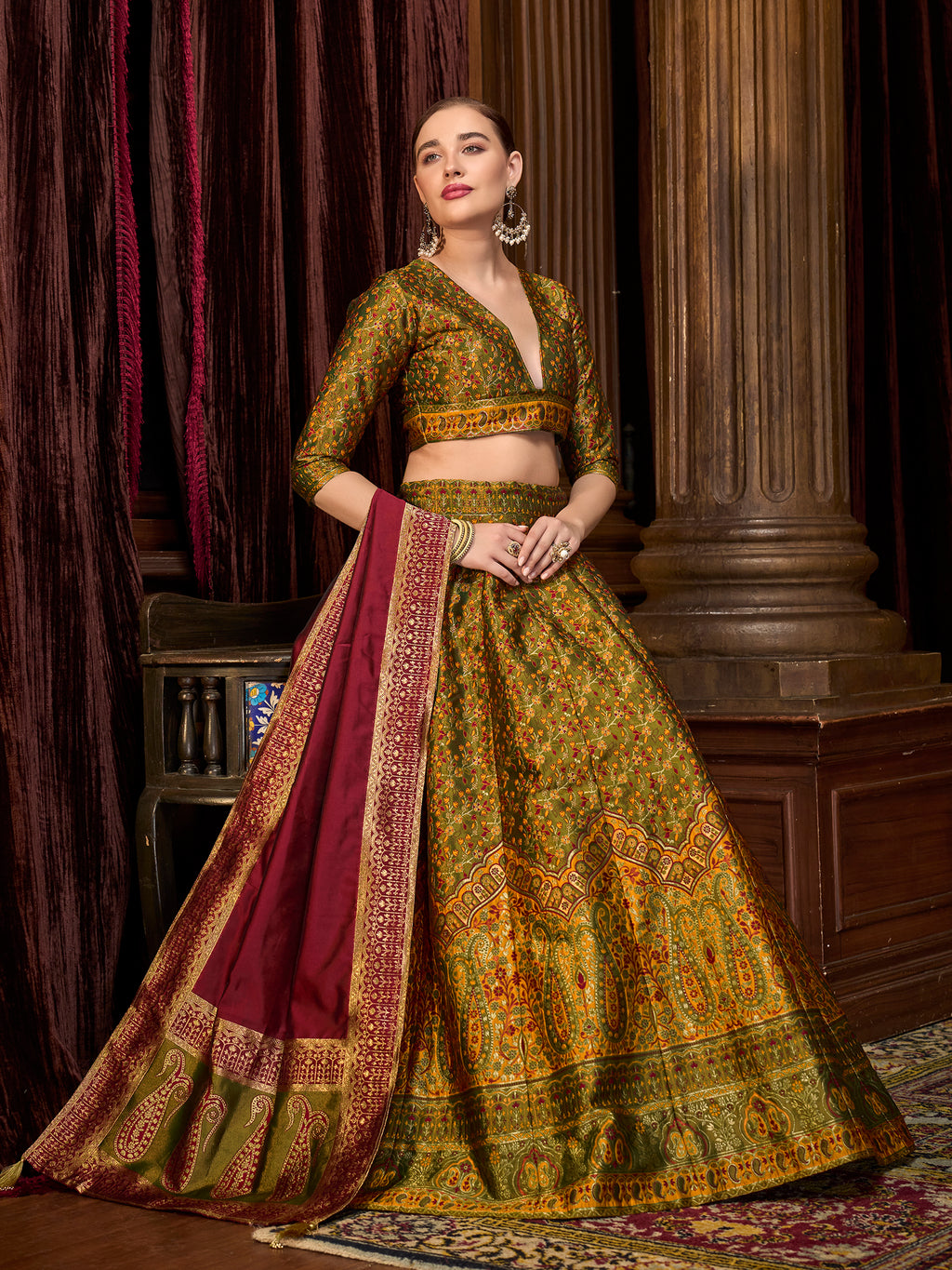 Women's Olive Kanjiwaram Lehengas