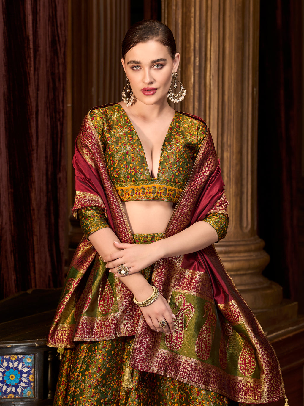 Women's Olive Kanjiwaram Lehengas