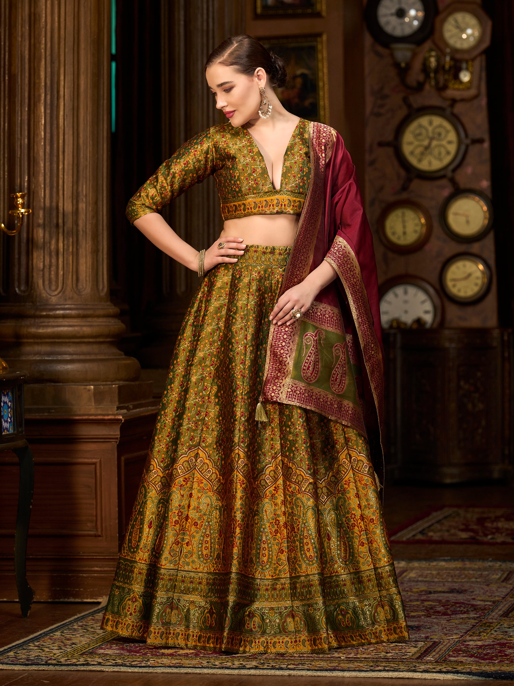 Women's Olive Kanjiwaram Lehengas