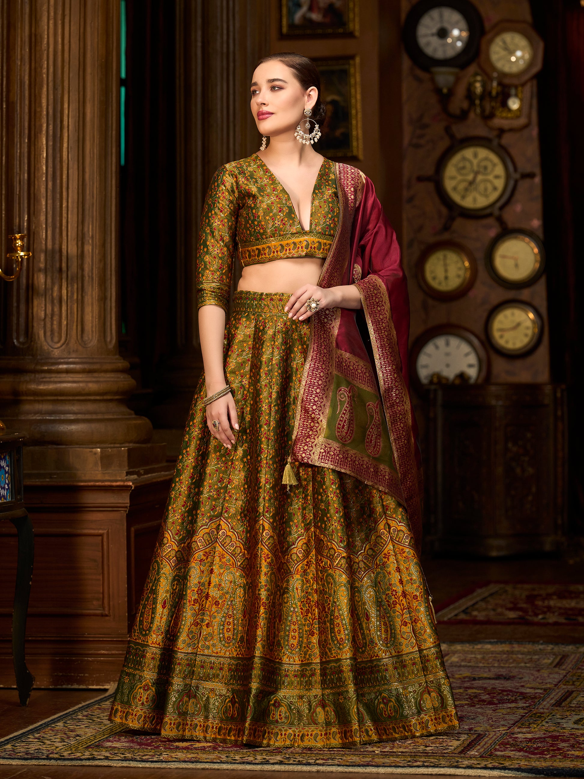 Women's Olive Kanjiwaram Lehengas