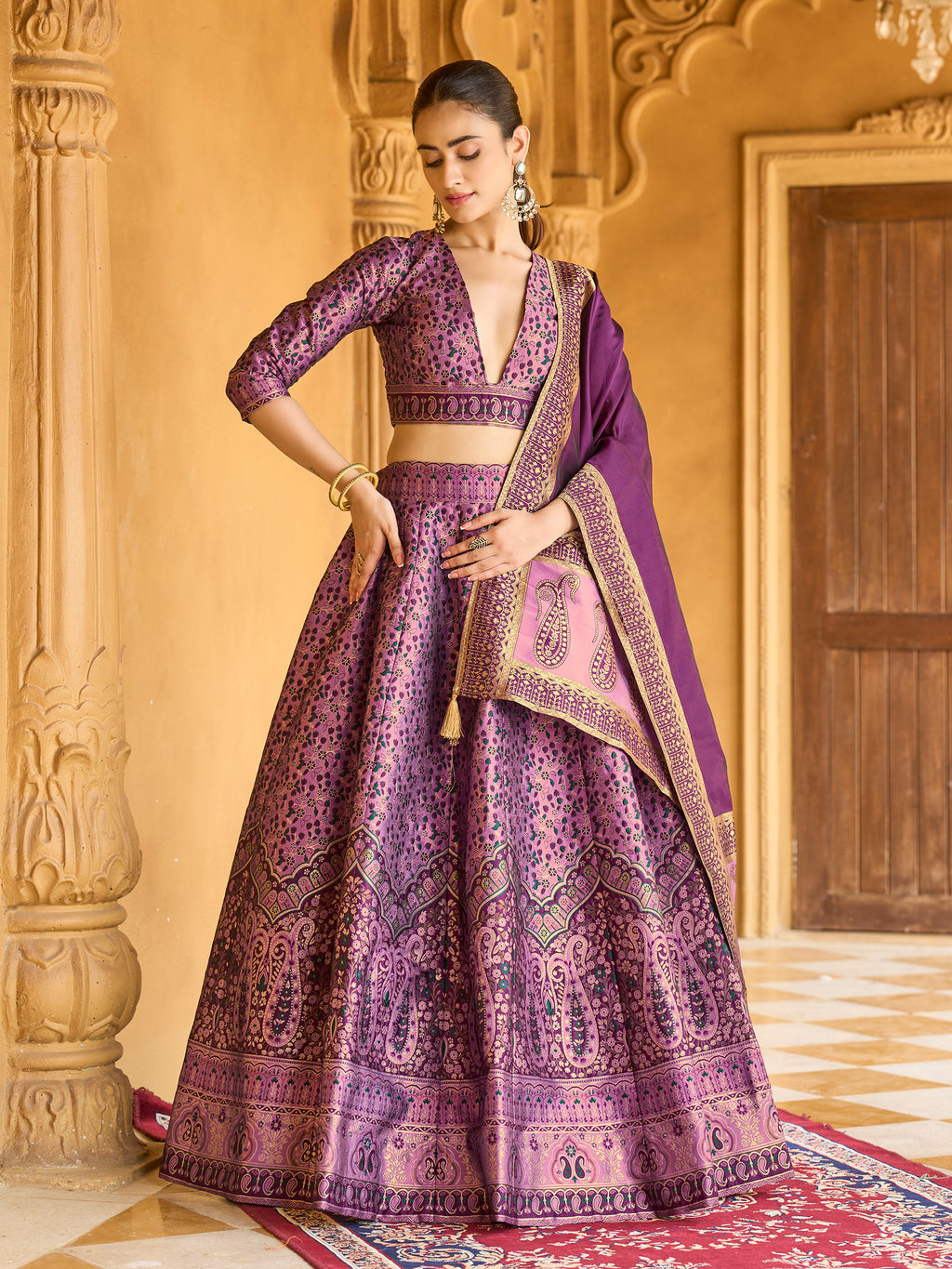 Kanjivaram Lehenga Set with Three-Quarter Sleeves
