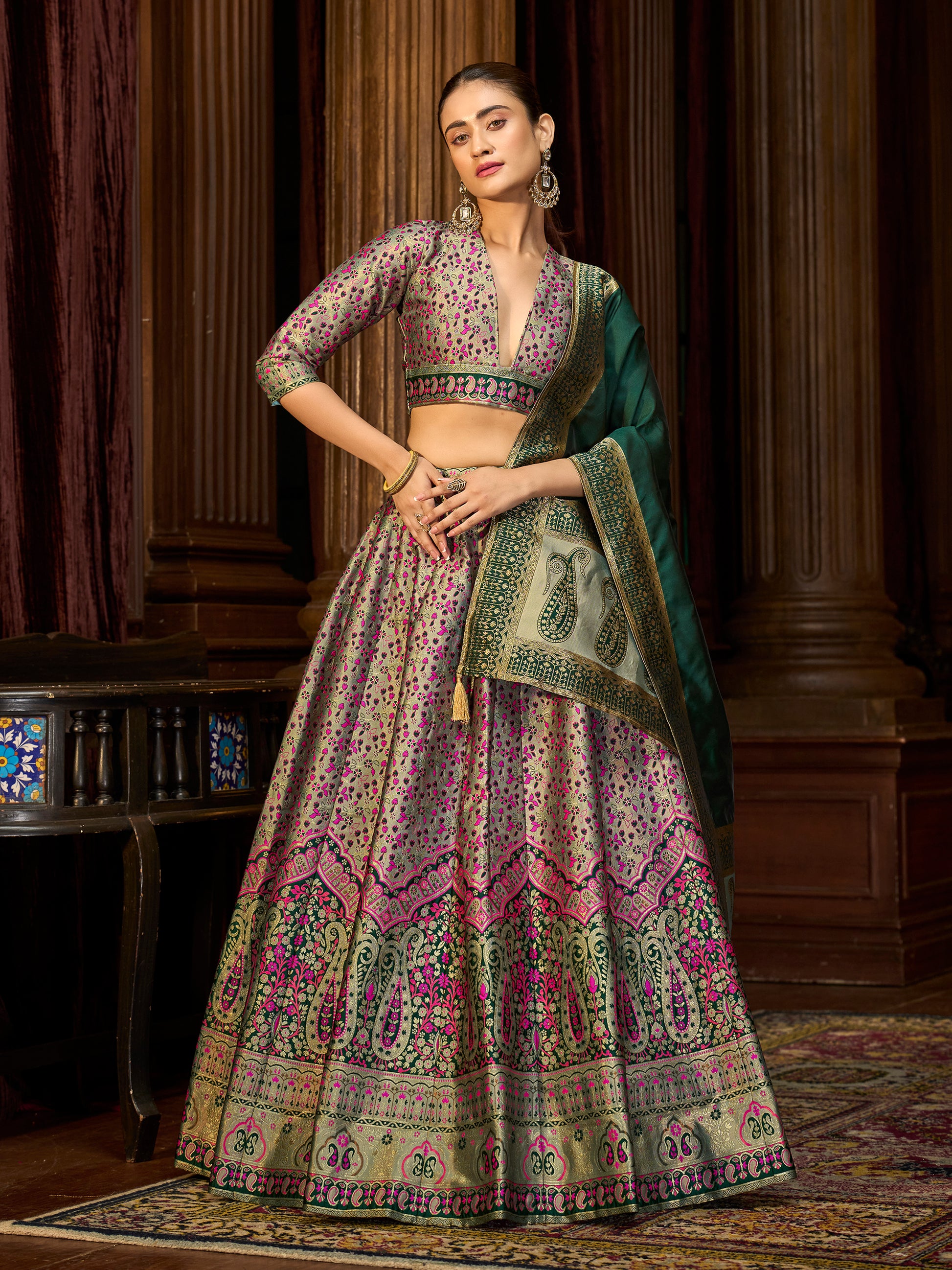 Women's Sea-Green Kanjiwaram Lehengas