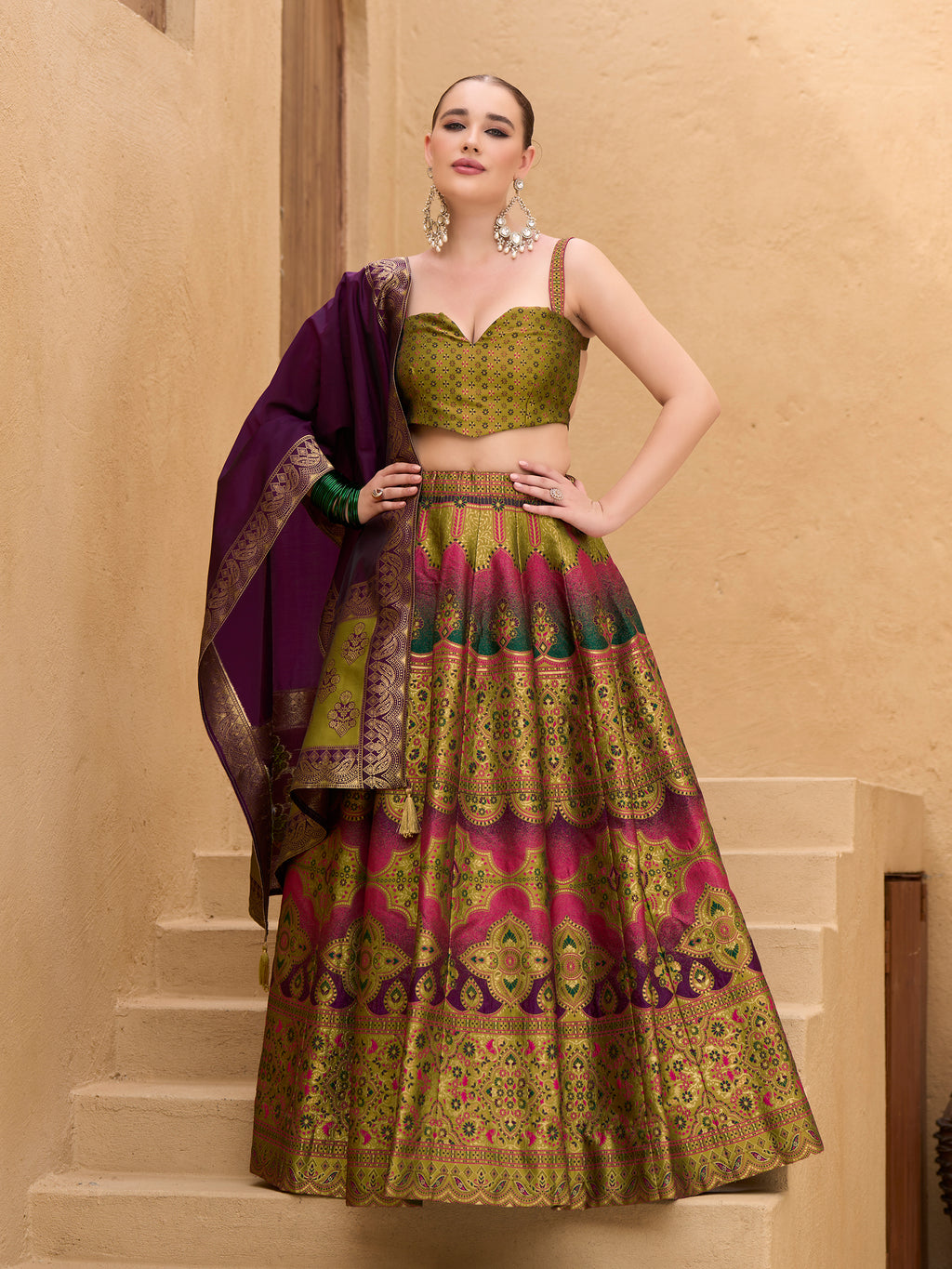 Women's Mehndi Kanjiwaram Lehengas