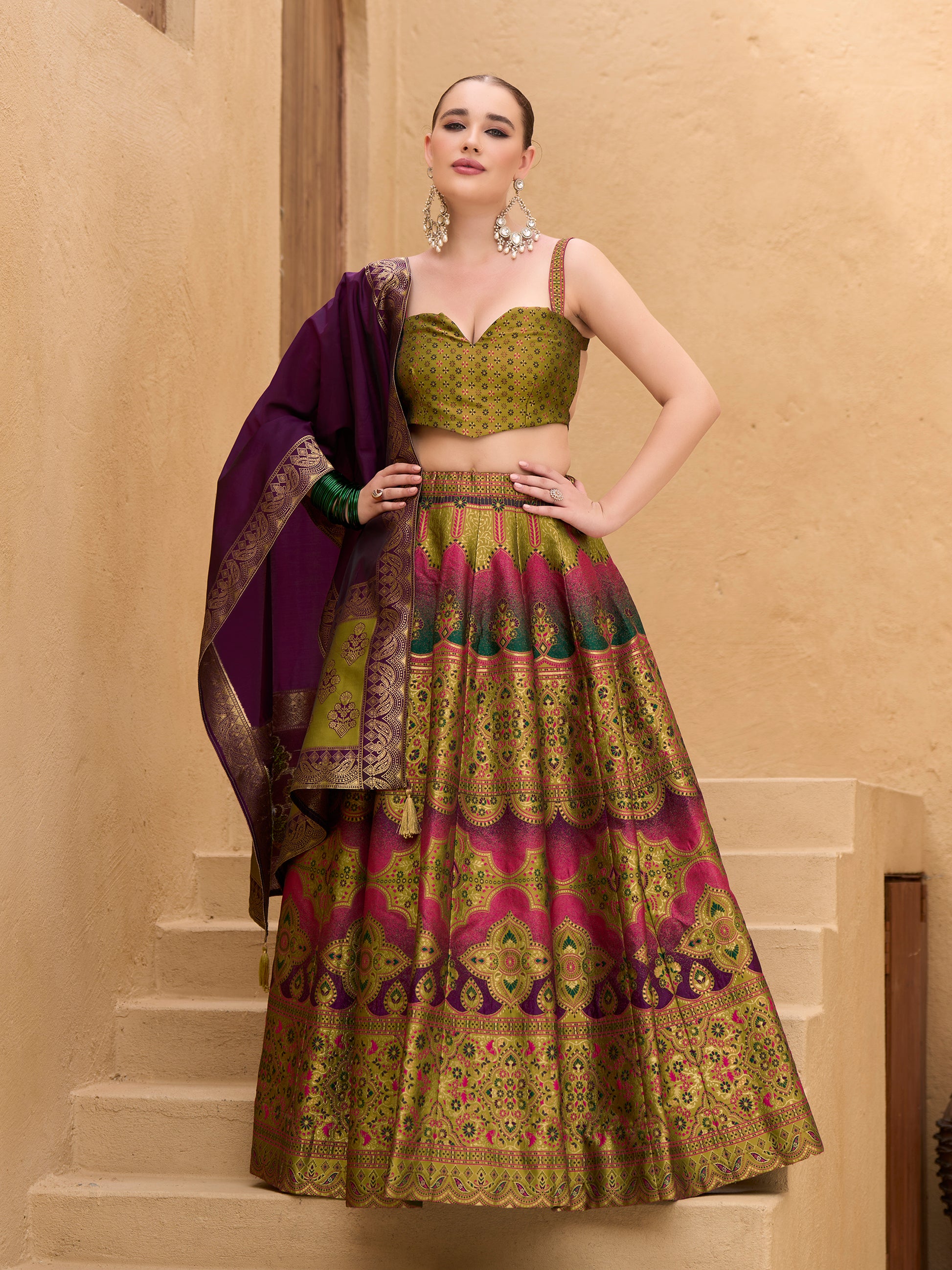 Women's Mehndi Kanjiwaram Lehengas