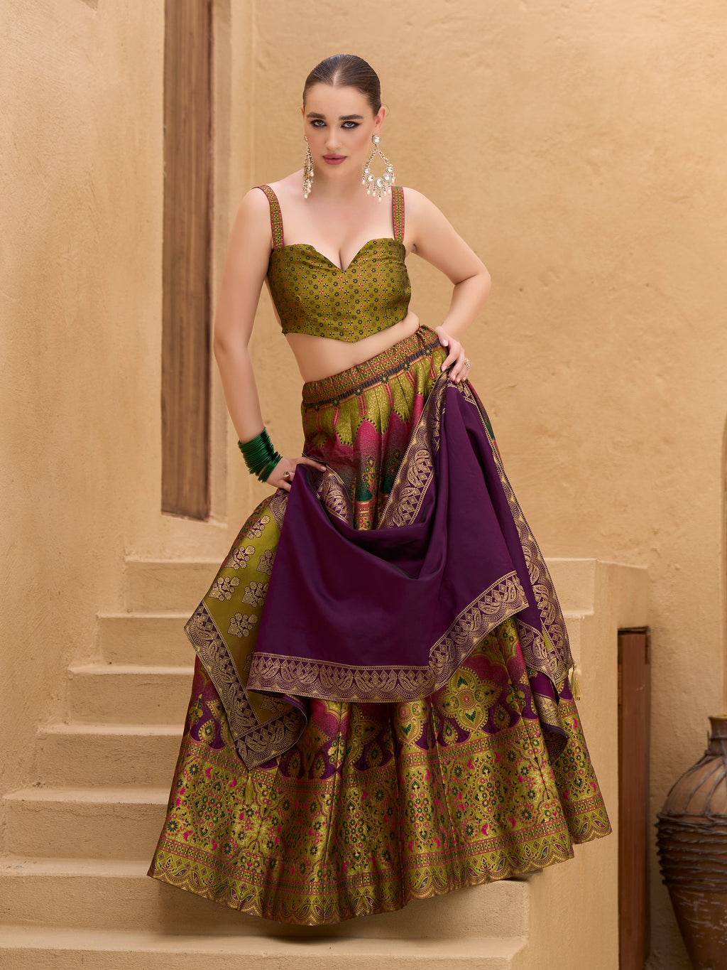 Women's Mehndi Kanjiwaram Lehengas