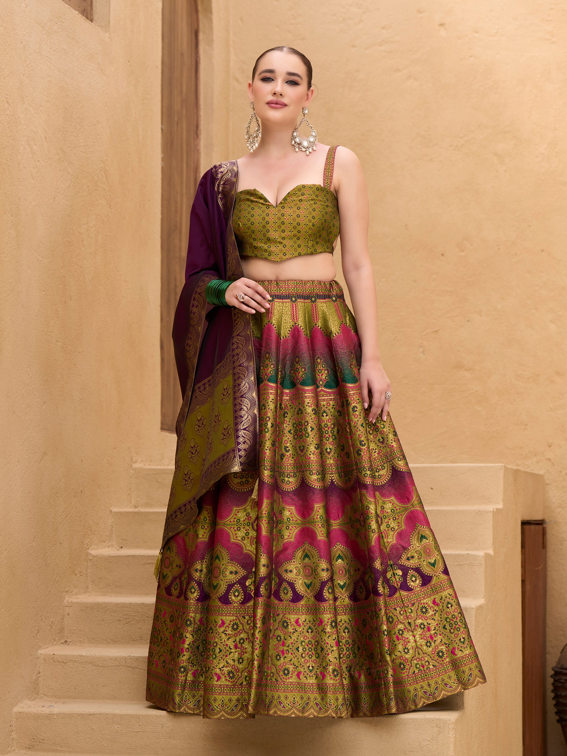 Women's Mehndi Kanjiwaram Lehengas