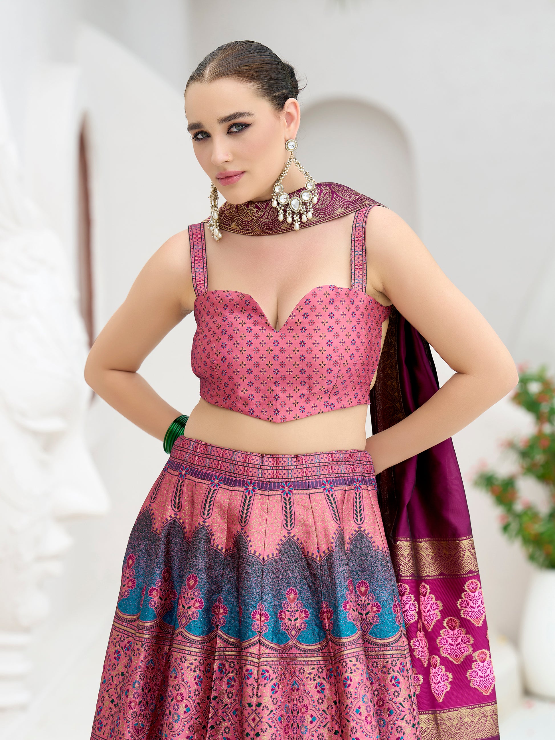 Women's Pink Kanjiwaram Lehengas