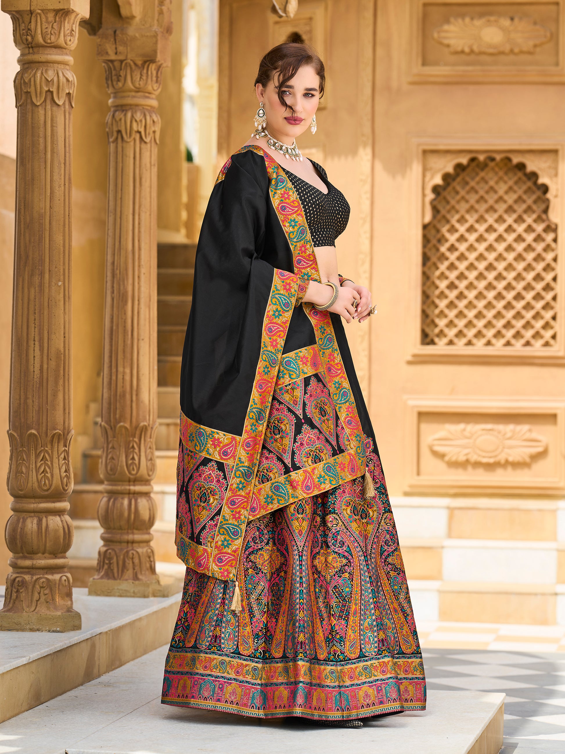 Women's Black Jacquard Crape Lehengas