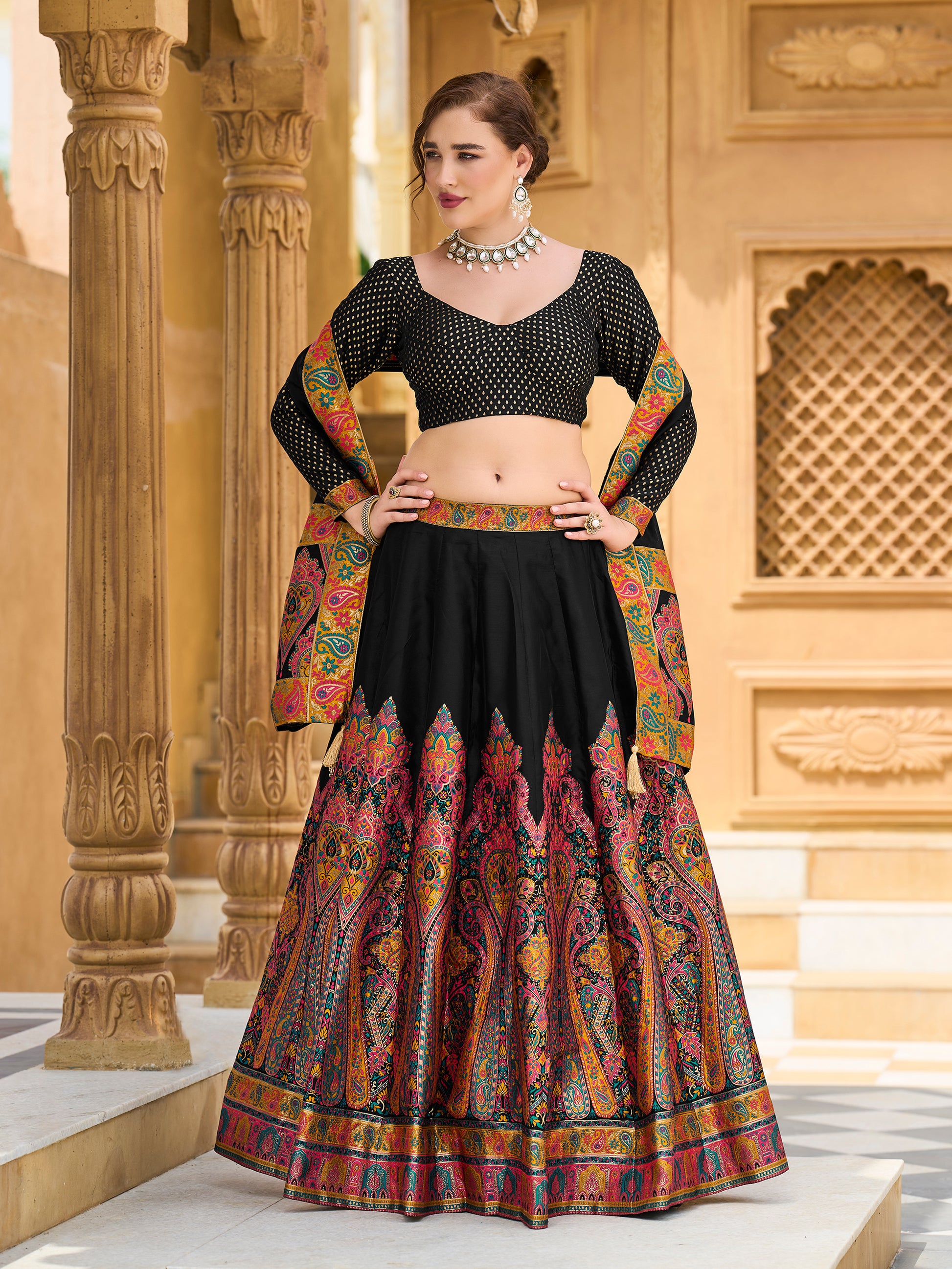 Women's Black Jacquard Crape Lehengas
