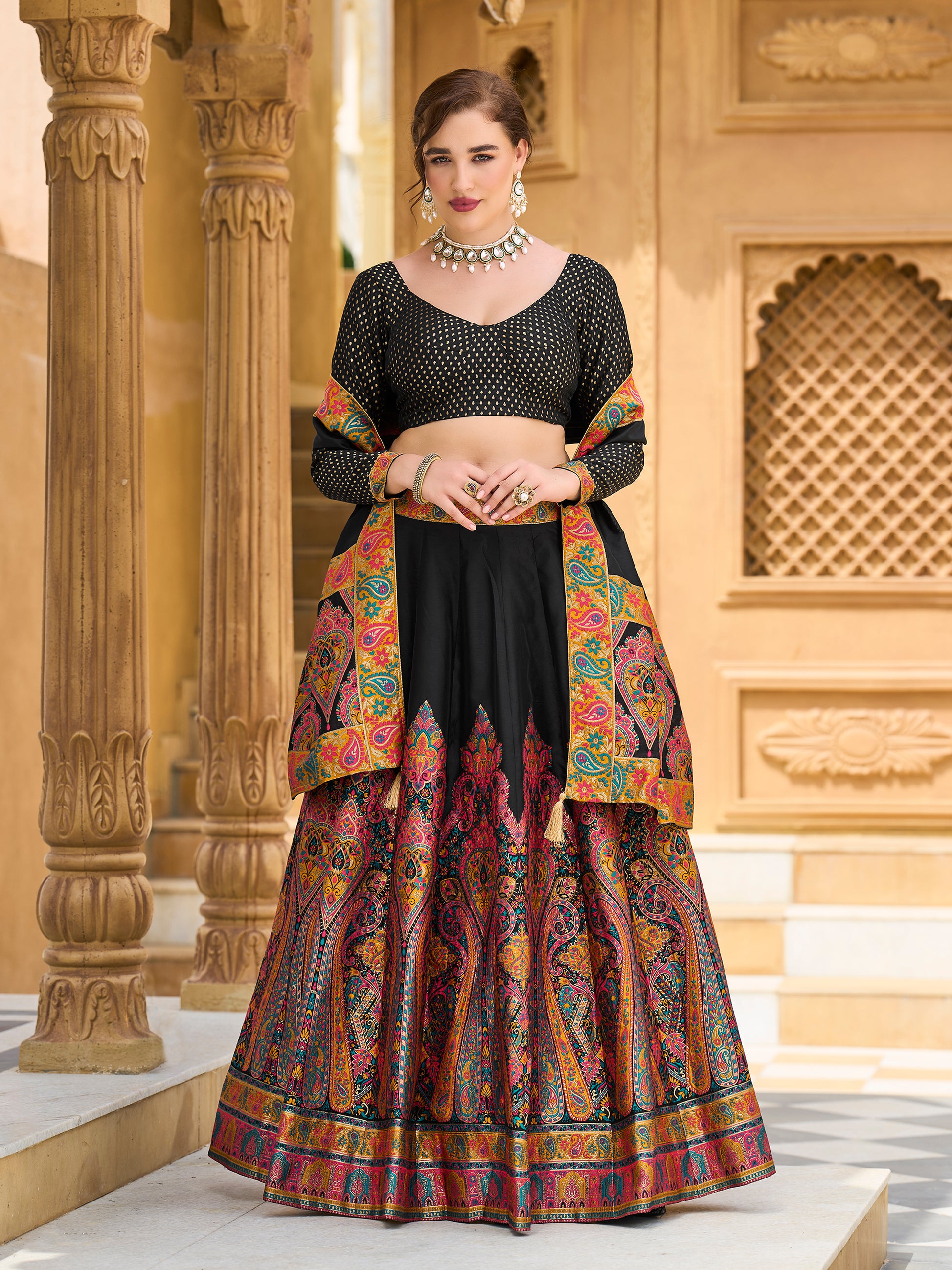 Women's Black Jacquard Crape Lehengas