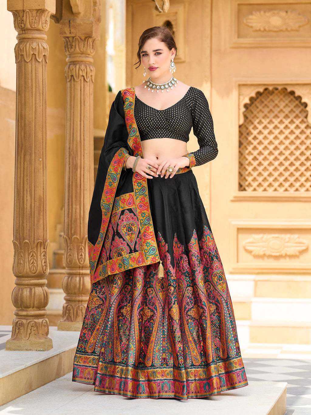 Women's Black Jacquard Crape Lehengas
