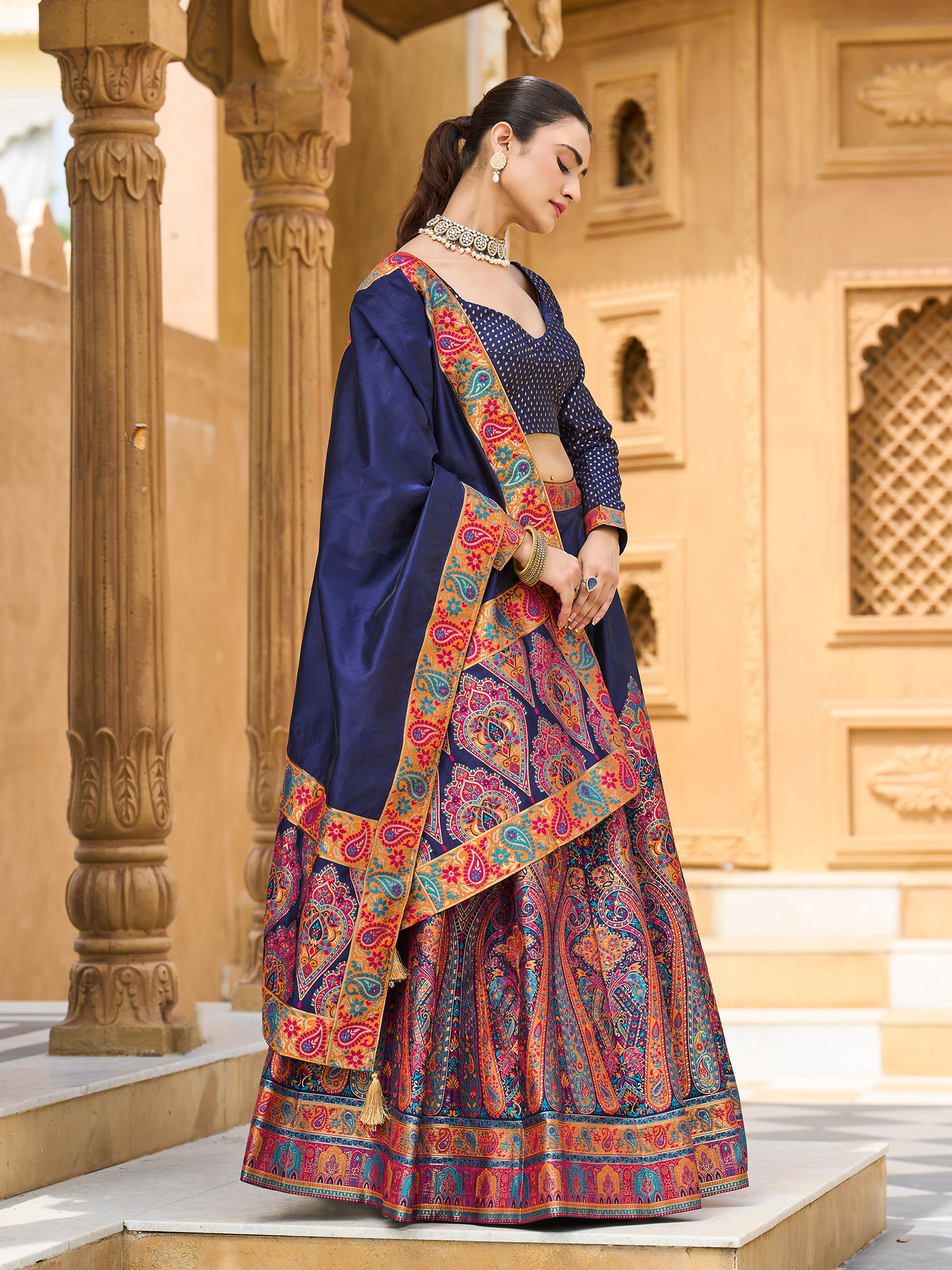 Women's Navy-Blue Jacquard Crape Lehengas