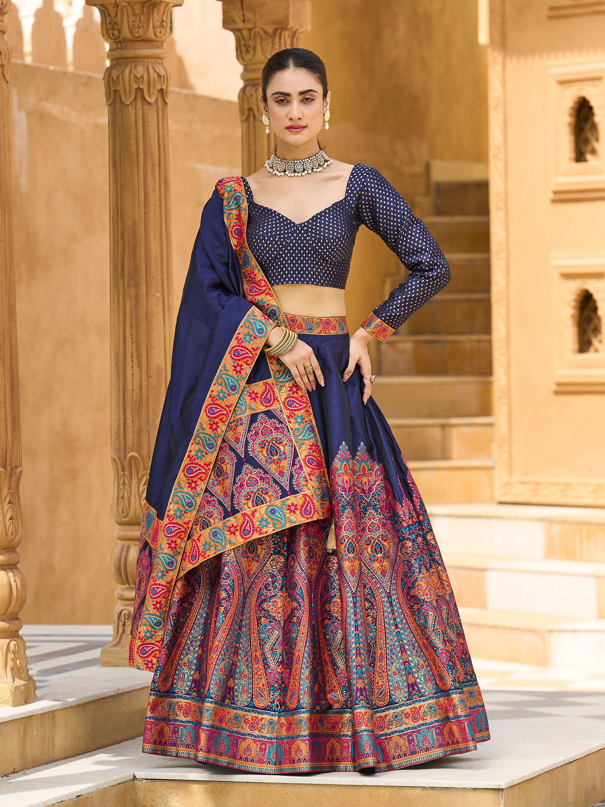 Women's Navy-Blue Jacquard Crape Lehengas