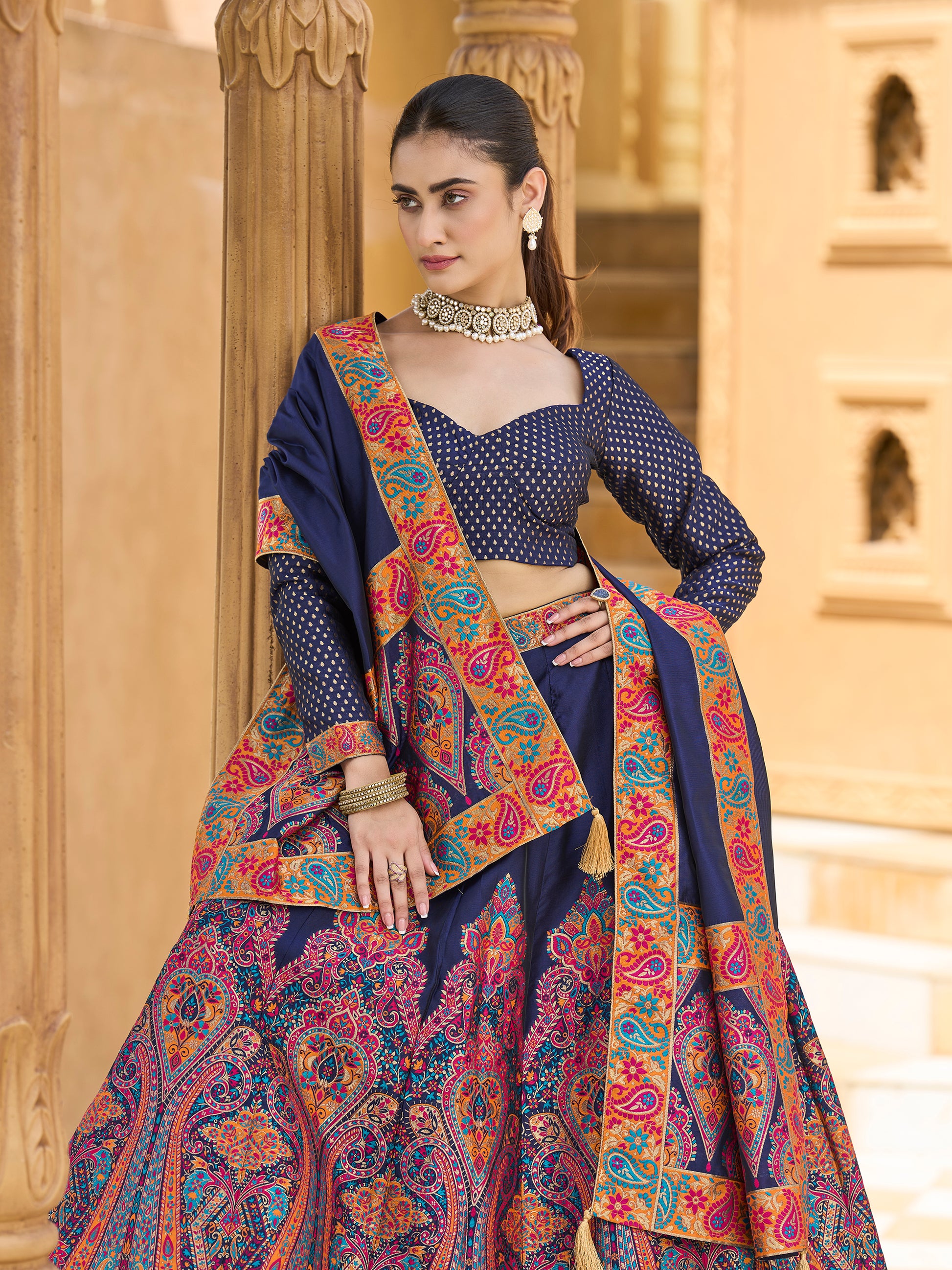 Women's Navy-Blue Jacquard Crape Lehengas